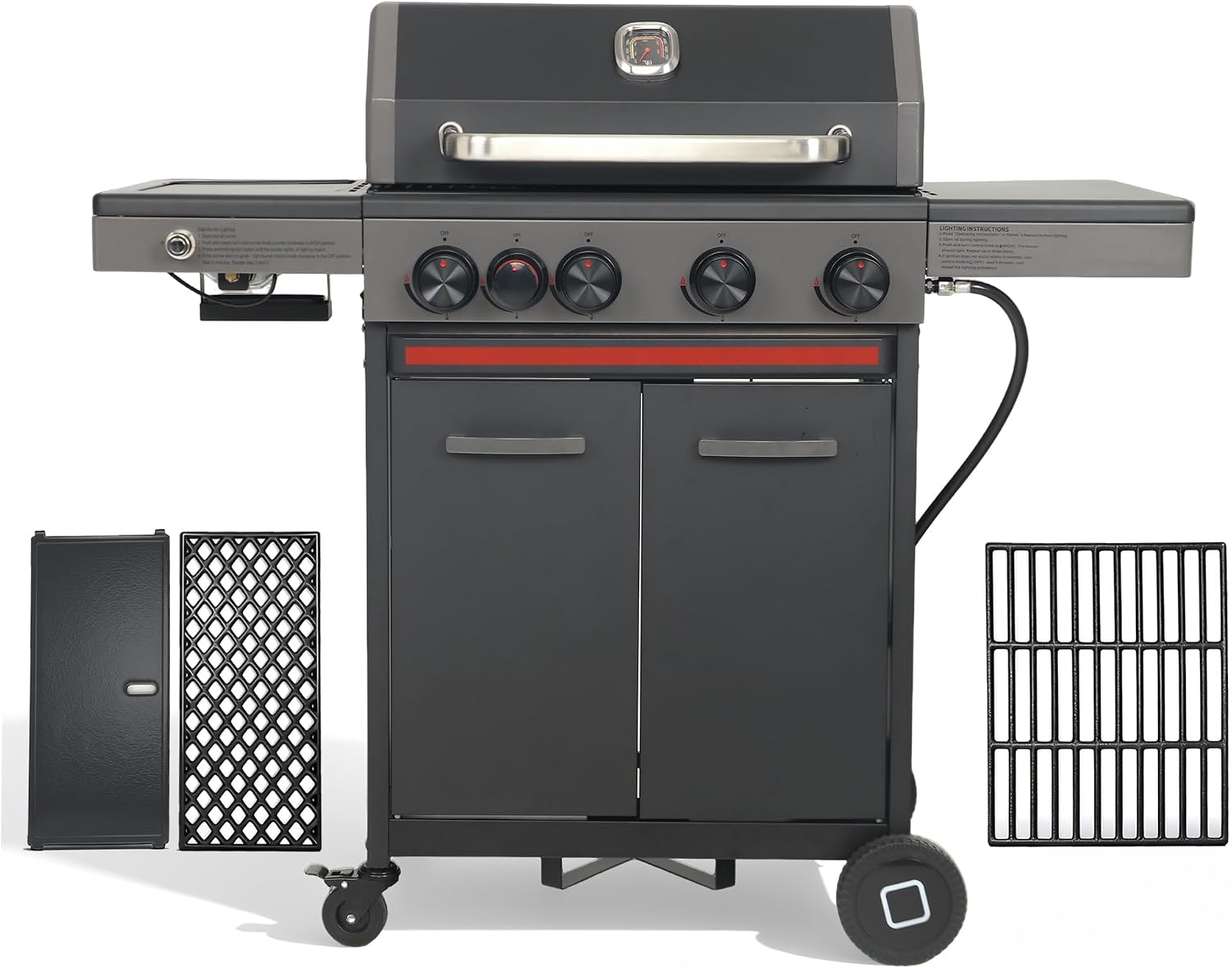 Flintex Multi-Function Propane Gas Grill with Various Grates, 4-Burner Outdoor BBQ Grill with Porcelain-Enameled Cast Iron Grates & Griddle, 52,000 BTU Output, 490 sp.in. Cooking Area, Black