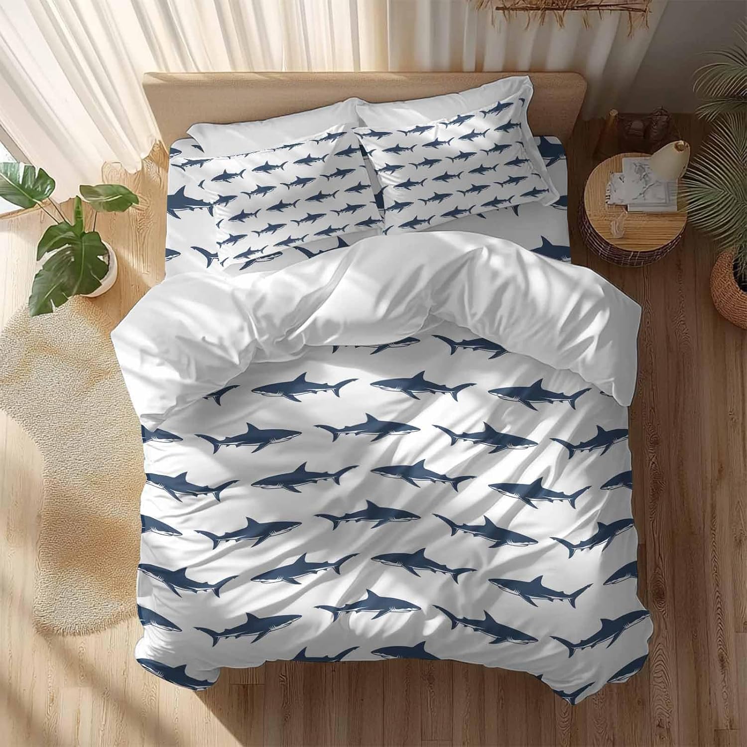 Prime Leader Abstract Sharks Duvet Cover Set Queen Size 4 Pieces Navy Blue Fish Simple Style Ocean Life Bedding Set with Zipper Closure, 1 Comforter Cover 86x86 Inches 1 Flat Sheet & 2 Pillow Cases