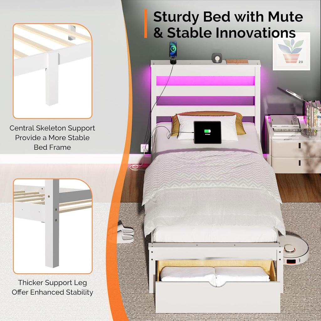 Bonnlo Solid Wood Twin Bed Frames with Headboard Shelf Storage,LED Lights,Charging Station, Platform Bed with Drawer,Easy Assembly,White