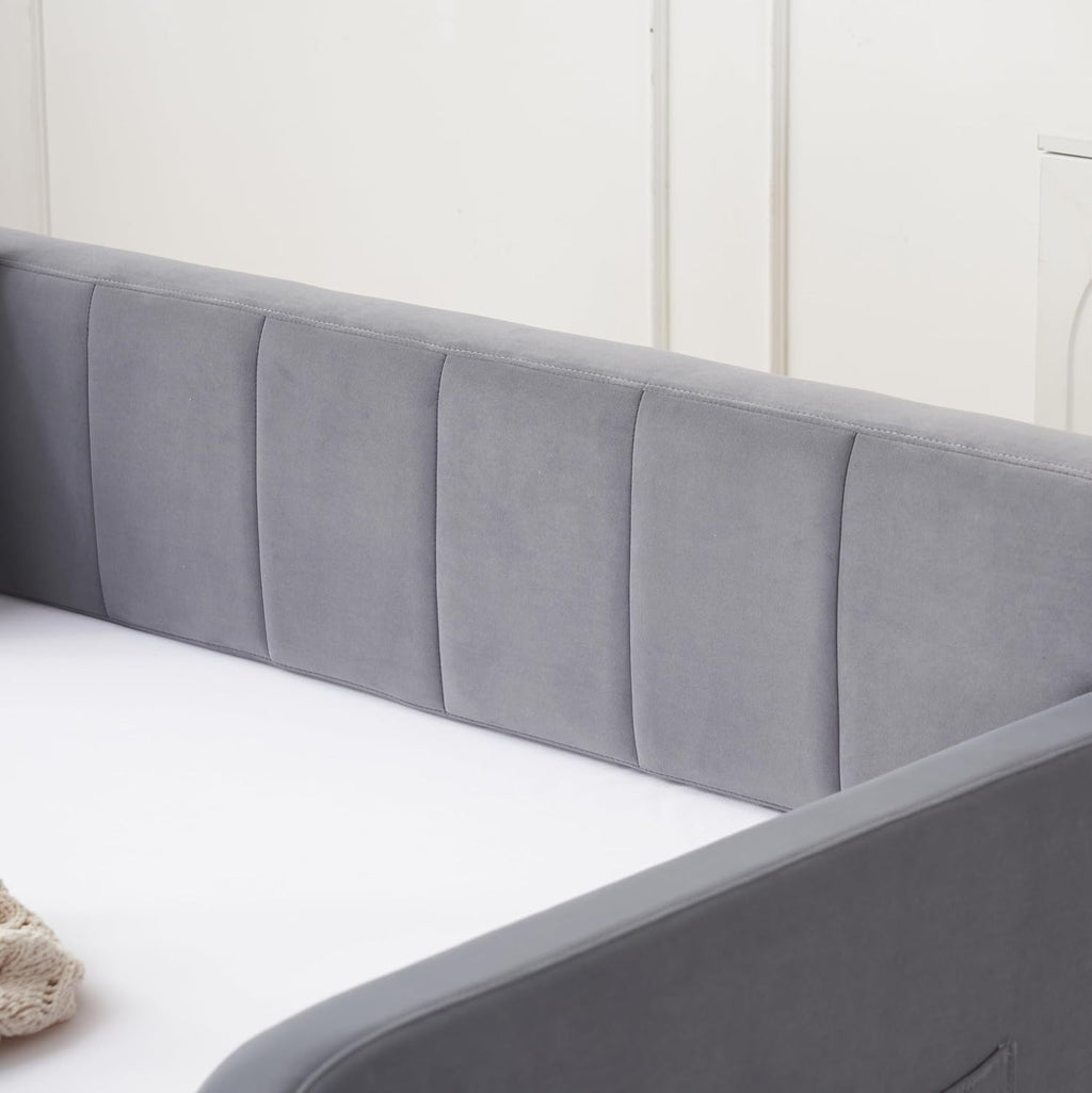 Deolme Twin to King Daybed with Trundle, USB Ports, Velvet Upholstered Daybed with Pop Up Trundle Bed, Modern Extendable Day Bed Frame for Kid Adult Bedroom Living Room Guest Room Small Places Gray