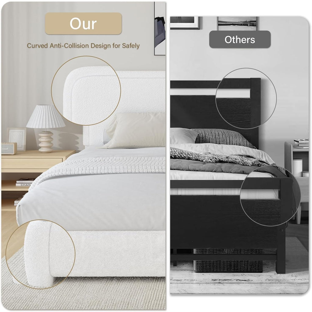 BarnFurin Queen Bed Frame with Headboard, Boucle Upholstered Platform Bed Frame, Luxurious Soft Rounded Corners, No Box Spring Required, Non-Slip and Noise-Free, Easy Assembly, White