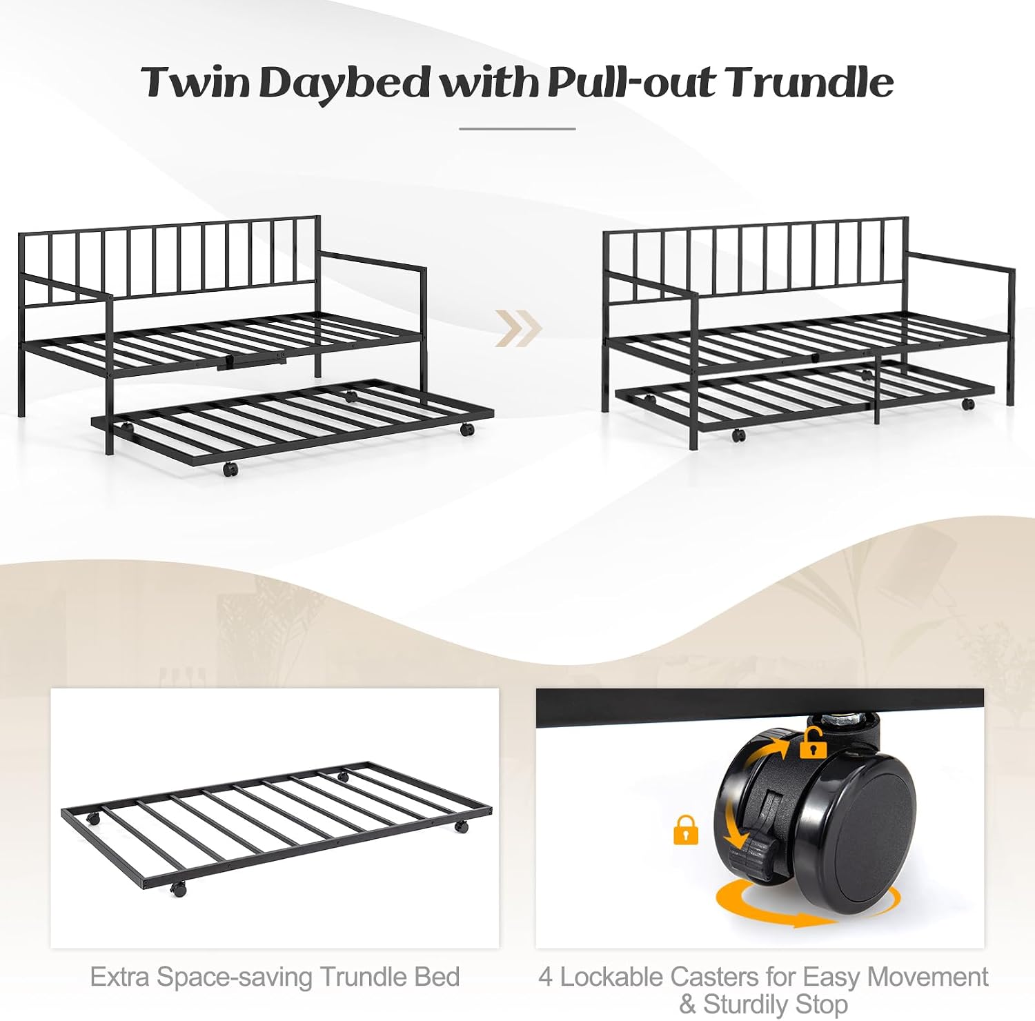 KOMFOTT Twin Metal Daybed with Trundle, Metal Sofa Bed & Pull-Out Trundle Set with Lockable Casters, Daybed for Living Room, No Box Spring Needed