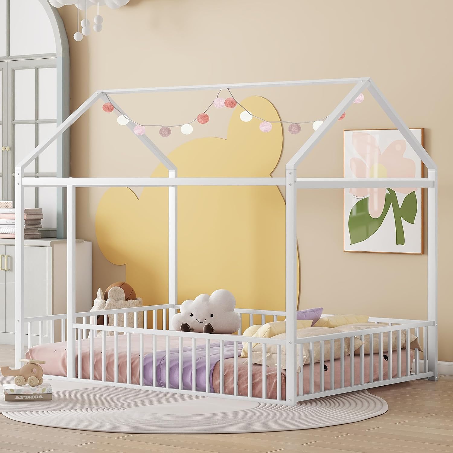 Bellemave Full Floor Bed Frame, Metal Montessori Floor Bed Full with Fence for Boys Girls Bedroom Playhouse for Kids No Slat, Easy Assembly House Shaped Floor Beds White