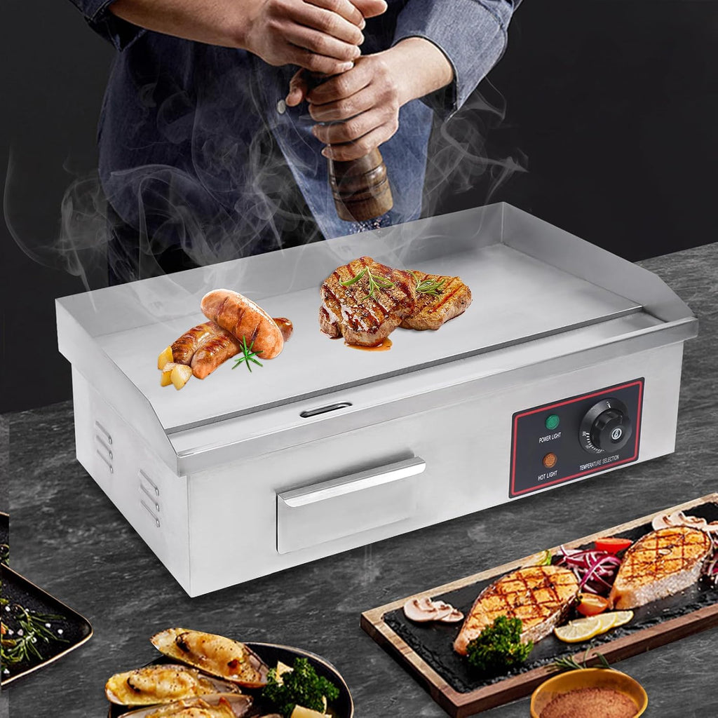 21''Commercial Electric Countertop Griddle,3000W Stainless Steel BBQ Flat Top Grill Frying Pan with Temperature Control 122°F-572°F for Restaurant Pancake Kitchen Steak (21.26 * 15.75 * 8.66 in)