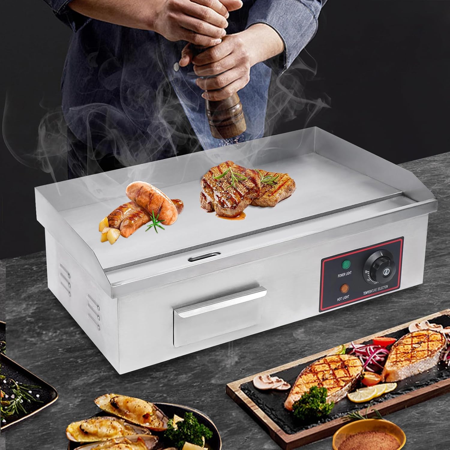 21''Commercial Electric Countertop Griddle,3000W Stainless Steel BBQ Flat Top Grill Frying Pan with Temperature Control 122°F-572°F for Restaurant Pancake Kitchen Steak (21.26 * 15.75 * 8.66 in)