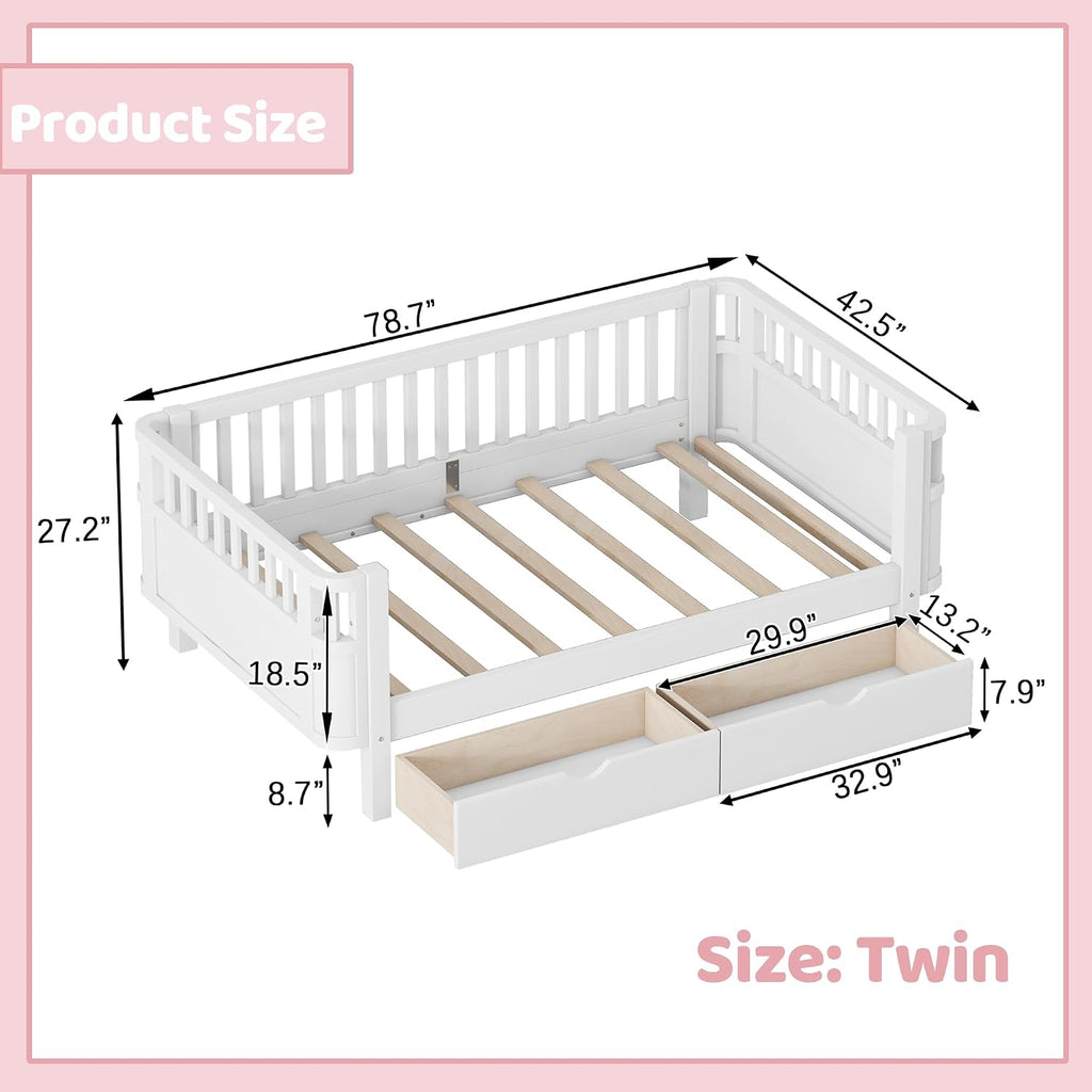 Twin Kids Bed with Storage Drawers & Rails, Wood Low Montessori Beds with Detachable Side Rails & Slats, Modern Daybed for Boys Girls Bedroom, Kids Twin Platform Bed, White