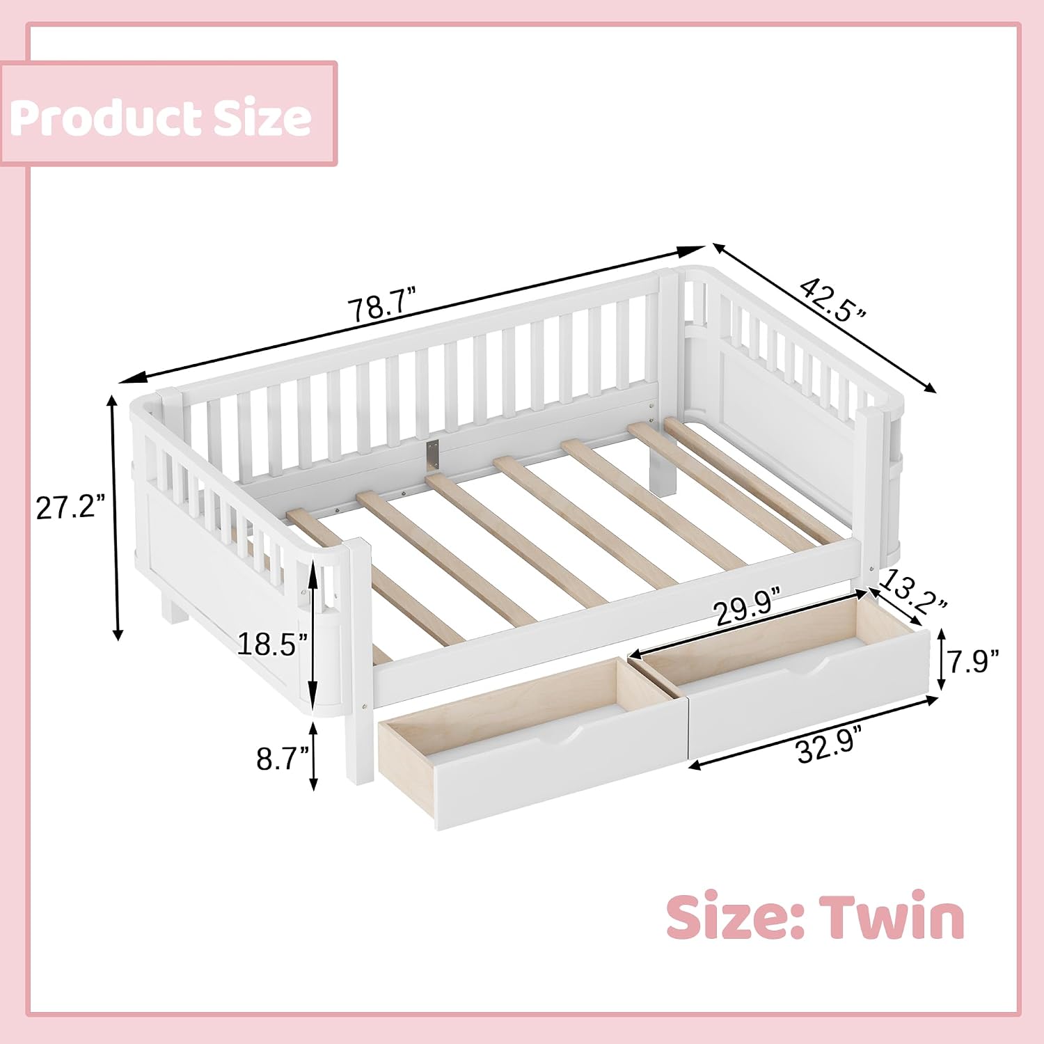 Twin Kids Bed with Storage Drawers & Rails, Wood Low Montessori Beds with Detachable Side Rails & Slats, Modern Daybed for Boys Girls Bedroom, Kids Twin Platform Bed, White