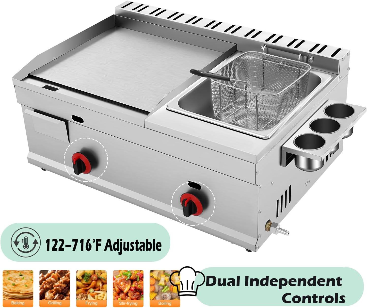 2-in-1 Commercial Propane Deep Fryer with Griddle, 6.34QT Stainless Steel Gas Propane Flat Top Grill Griddle with Removable Basket Countertop Fryer with Temperature Control for Restaurant Home Kitchen