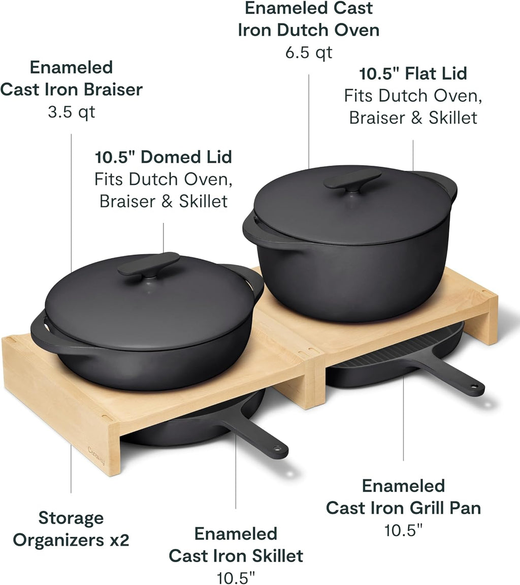 Caraway 8-Piece Enameled Cast Iron Set - 10.5' Skillet, Grill Pan, 3.5 qt Braiser Pan, 6.5 qt Dutch Oven with Lid and Organizers - Non-Toxic 3-Layer Enamel Coating - No Seasoning Required - Charcoal