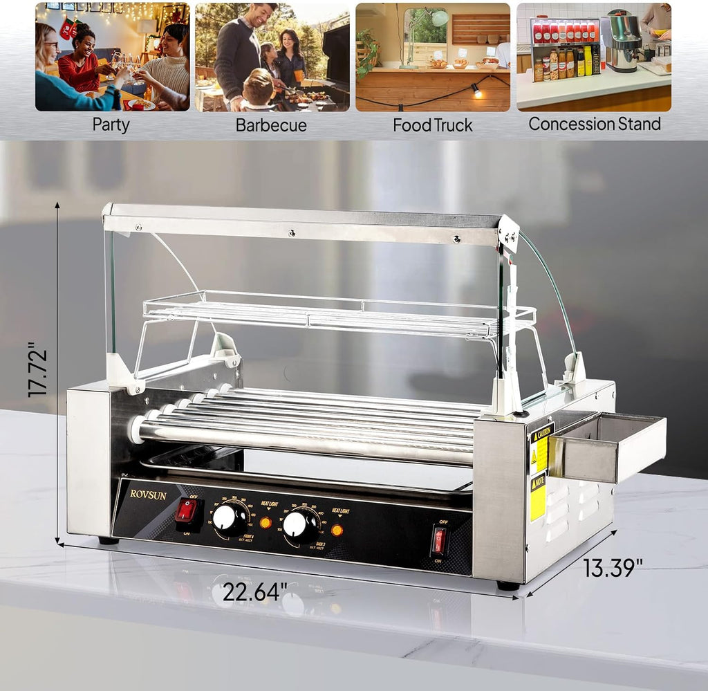 ROVSUN Hot Dog Roller, 18 Hot Dog 7 Rollers ETL Certified, Hot Dog Machine Sausage Grill Cooker with Dual Temp Control, Glass Cover, LED, Side Storage Box, Shelf & Drip Tray for Home Commercial 1050W