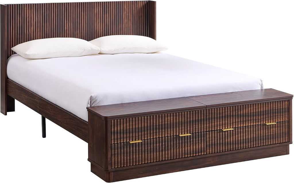 T4TREAM Fluted Queen Size Bed Frame with Wingback Headboard, Footboard Storage Bench with Built-in Drawers & Lift-Up Compartments, Wood & Steel Platform Bed, No Box Spring Needed, Dark Walnut