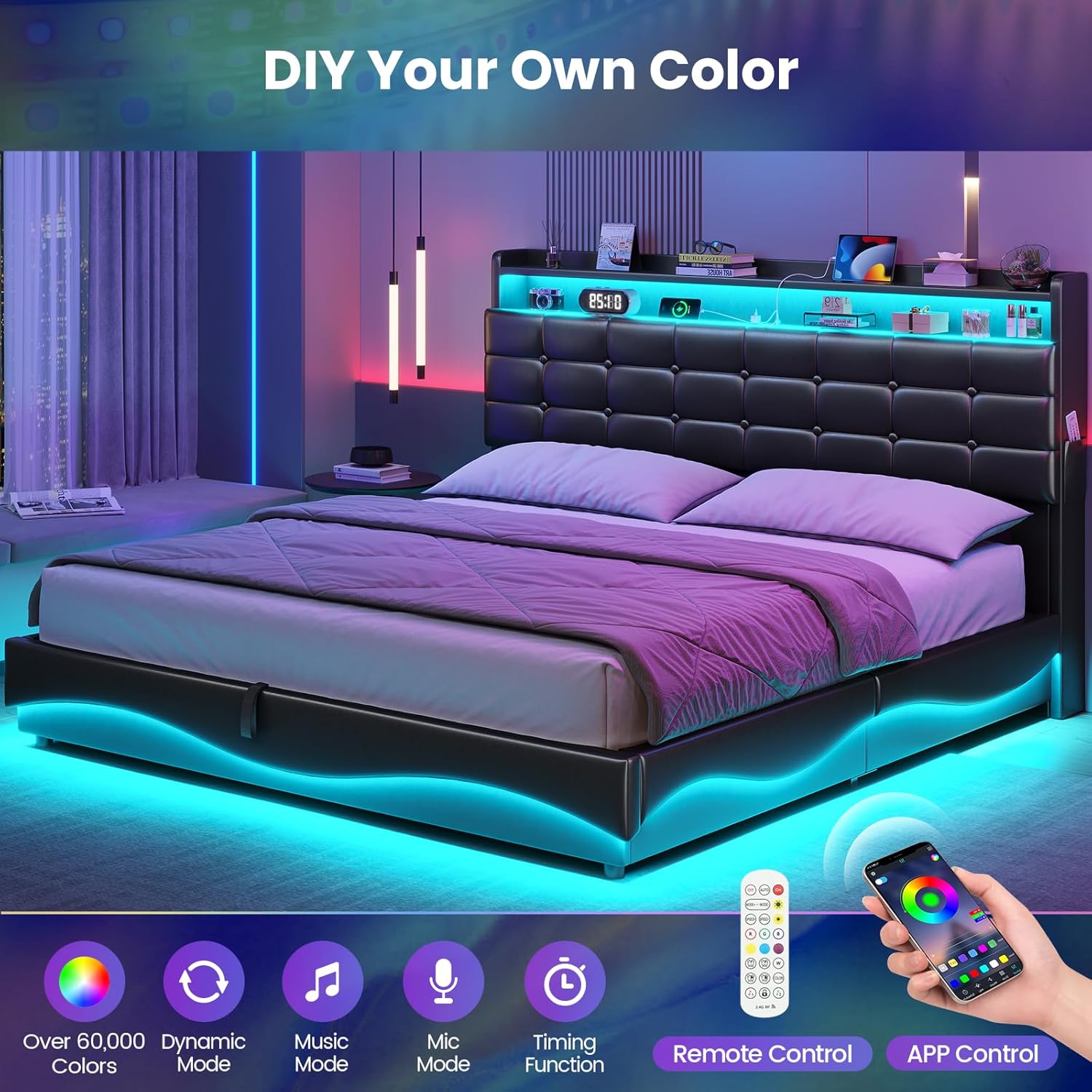 BTHFST Full Size Bed Frame with Lift Up Storage, Power Outlet & RGB Lights, Headboard with Hidden Storage Cubby, PU Leather Upholstered Platform Bed, No Box Spring Needed, PU Black