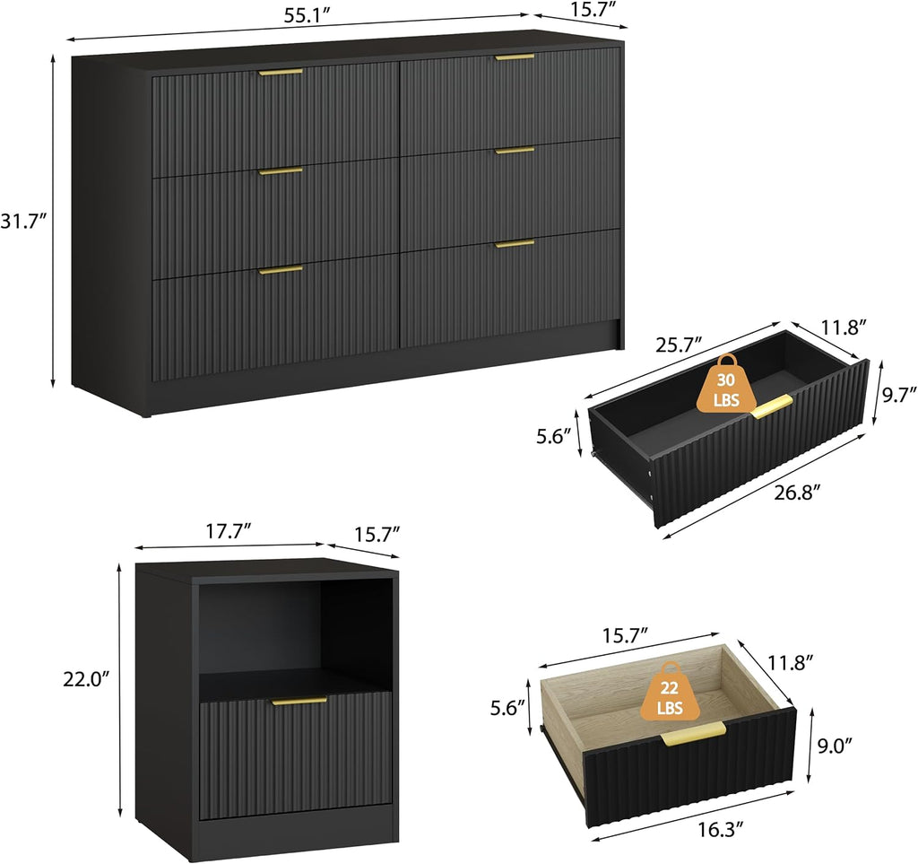 3-Piece Modern Bedroom Furniture Set, Wide 6-Drawer Dresser & 1-Drawer Nightstands Set of 2, Natural Wood Dresser and Nightstand Sets for Bedroom, Hallway, Black