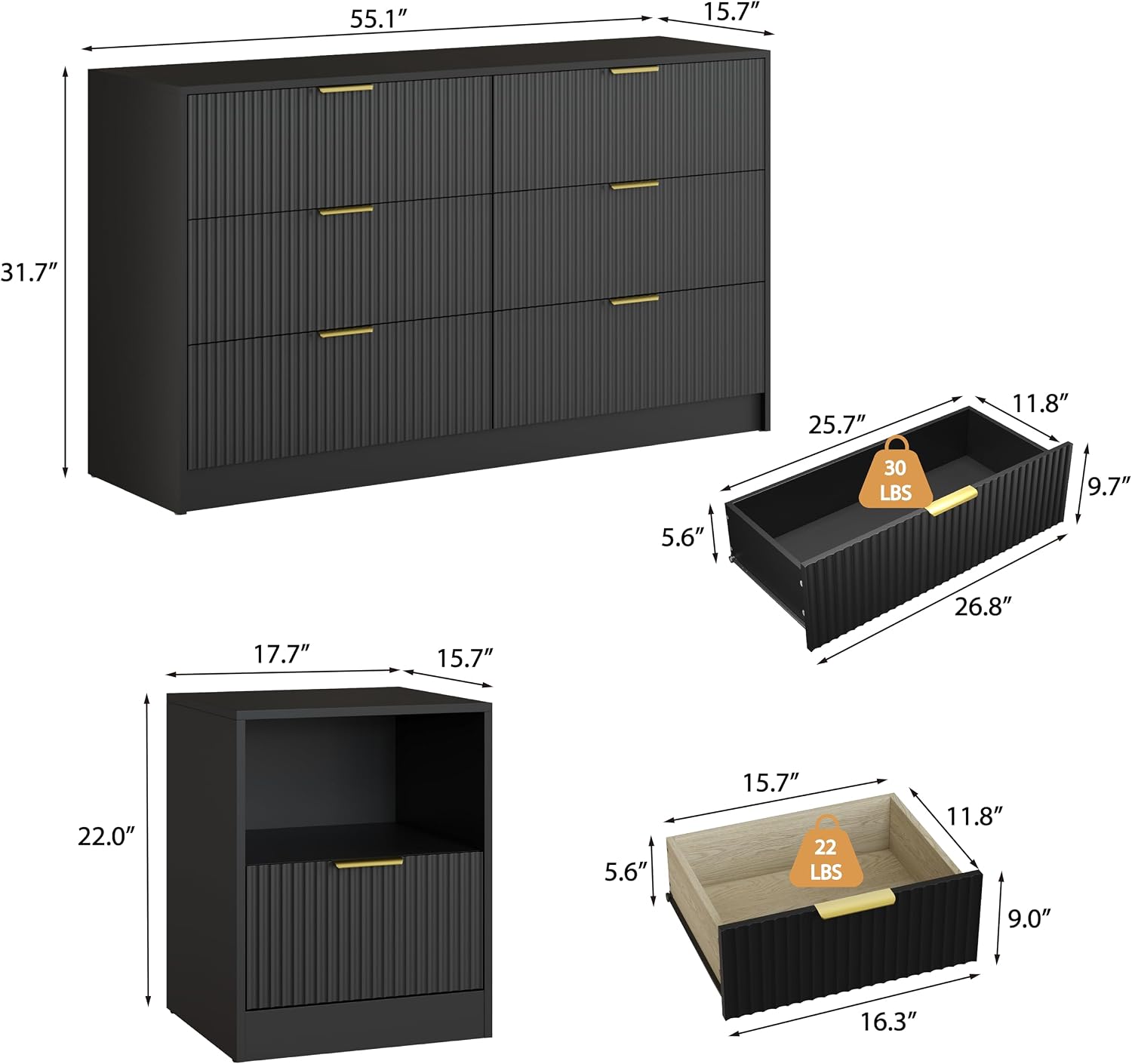 3-Piece Modern Bedroom Furniture Set, Wide 6-Drawer Dresser & 1-Drawer Nightstands Set of 2, Natural Wood Dresser and Nightstand Sets for Bedroom, Hallway, Black