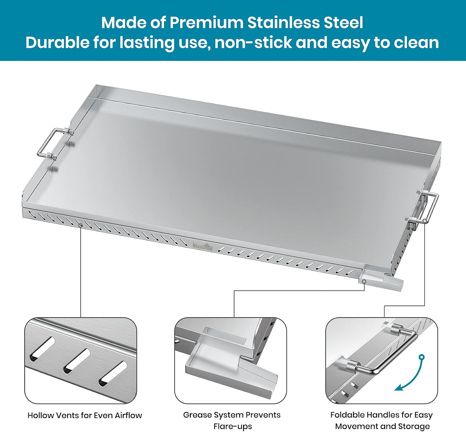 Stanbroil Stainless Steel Griddle Replacement Top and Grease Cup Combo for Blackstone 36' 4 Burner Gas Grill with Front Grease System