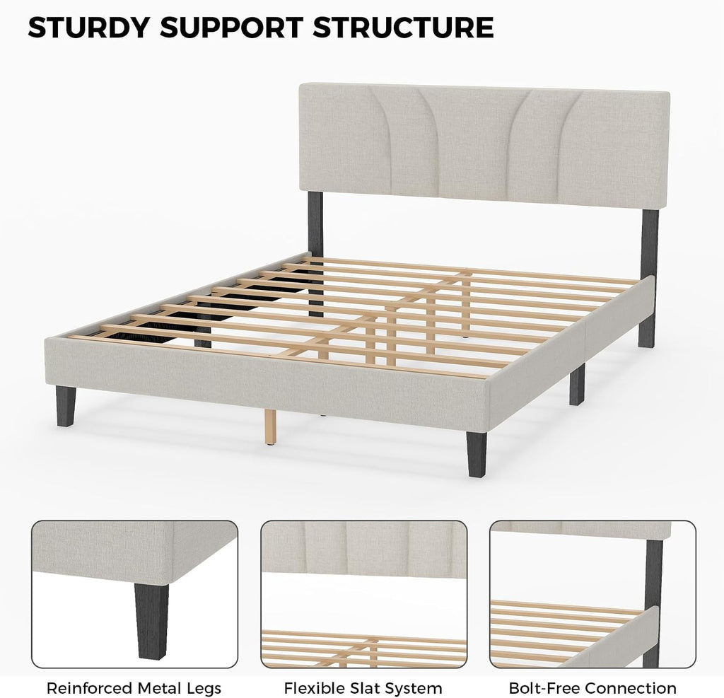 EVLIQUIL Platform Bed Frame Queen Size with Fabric Upholstered Headboard and Wooden Slats Support, Fully Upholstered Mattress Foundation, No Box Spring Needed & Easy Assembly, Beige