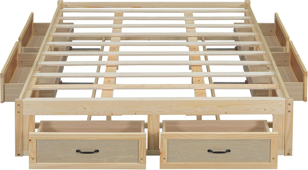 SOFTSEA Queen Size Bed Frame with 6 Storage Drawers, Wood Platform Bed Frame No Headboard with Support Slats, Farmhosue Platform Bed with Drawers, No Box Spring Needed, Easy Assembly, Antique Natural