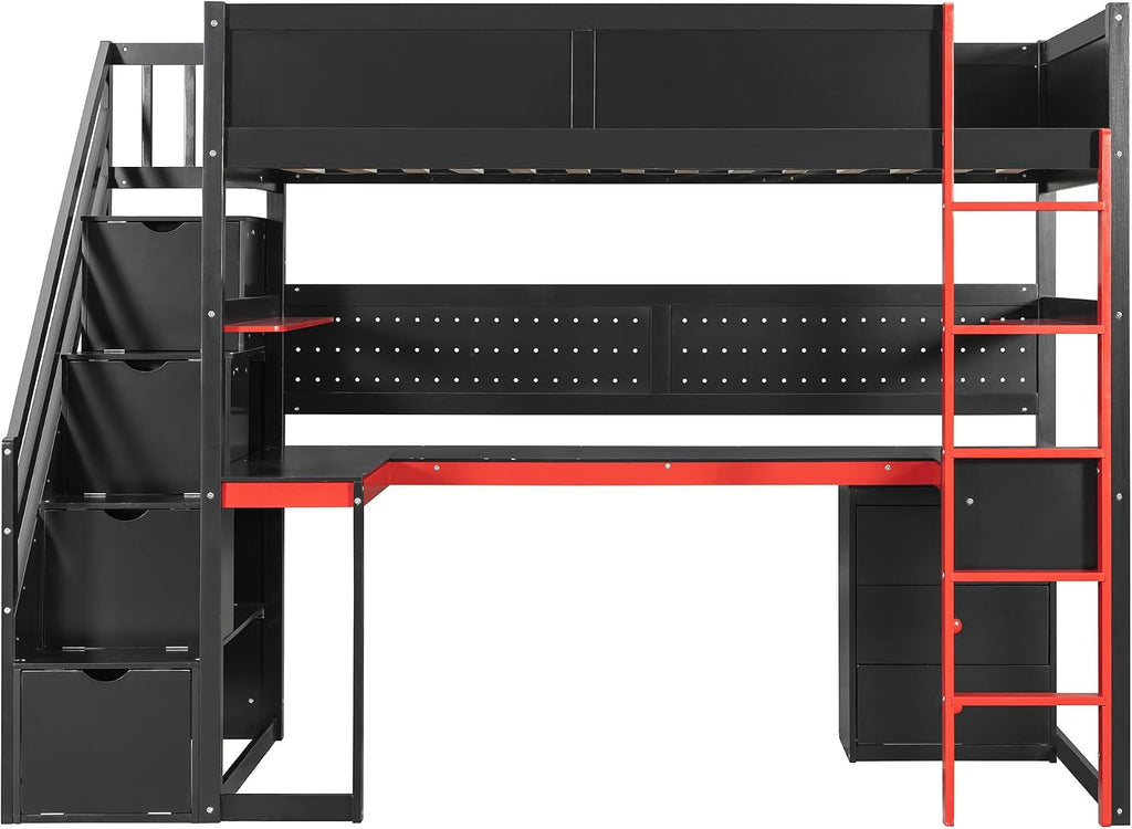 Ball & Cast Gaming Twin Size Loft Bed with Storage Stairs,Wood Gamer Loft Bed Frame W/Desk,Shelves and Pegboard,High Loft Bed W/Full-Length Guardrail,Bedroom Furniture for Student Dorms,Black+Red