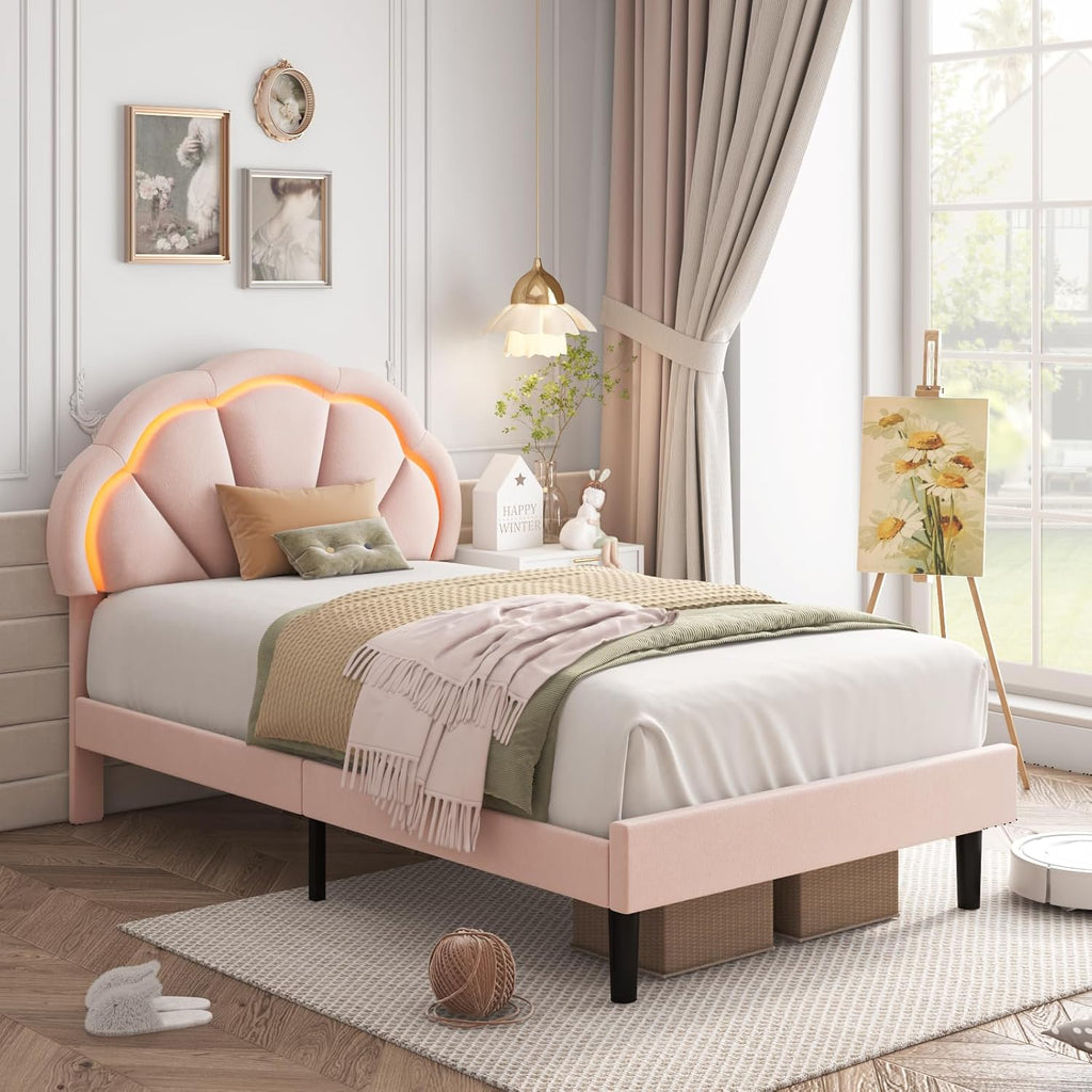 HIFIT 2 Piece Twin Upholstered LED Bed Frame with Adjustable Cute Petal Headboard, Soft Velvet Princess Platform Bed for Girls/Kids, Solid Wood Slats Support, No Box Spring Needed, Easy Assembly, Pink