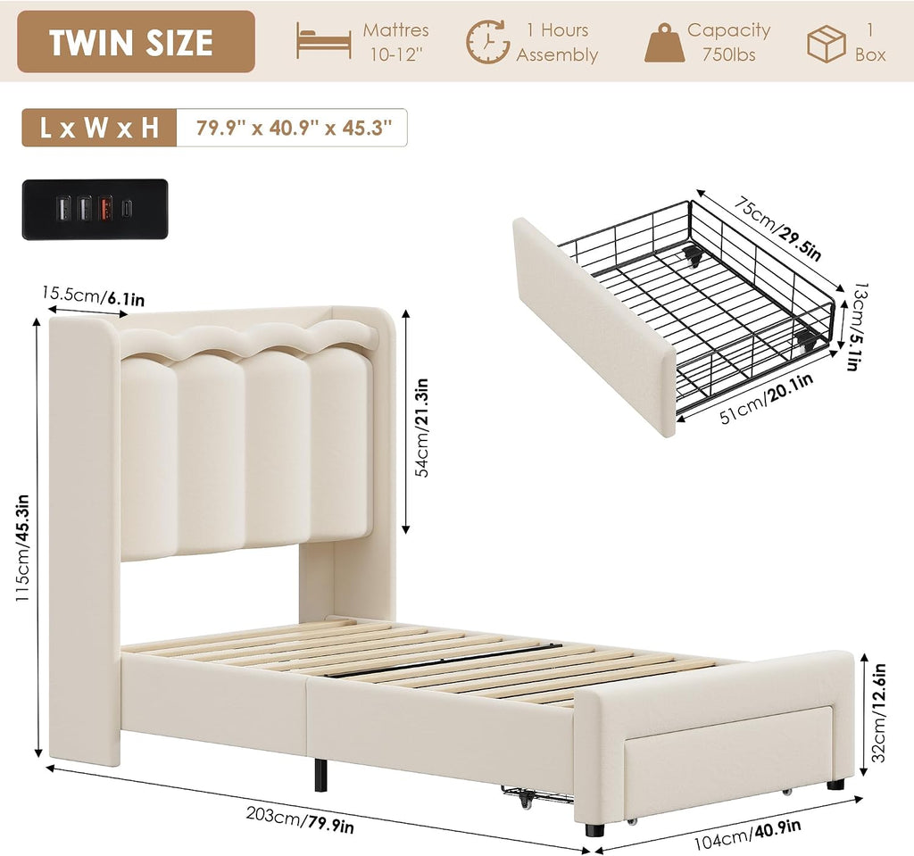 HIFIT 2 Set Upholstered Twin Size LED Bed Frame with Storage Drawer and Charging Station, Velvet Princess Twin Bed for Kids, Girls Bed with Double Wavy Wingback Headboard and Solid Frame, Beige