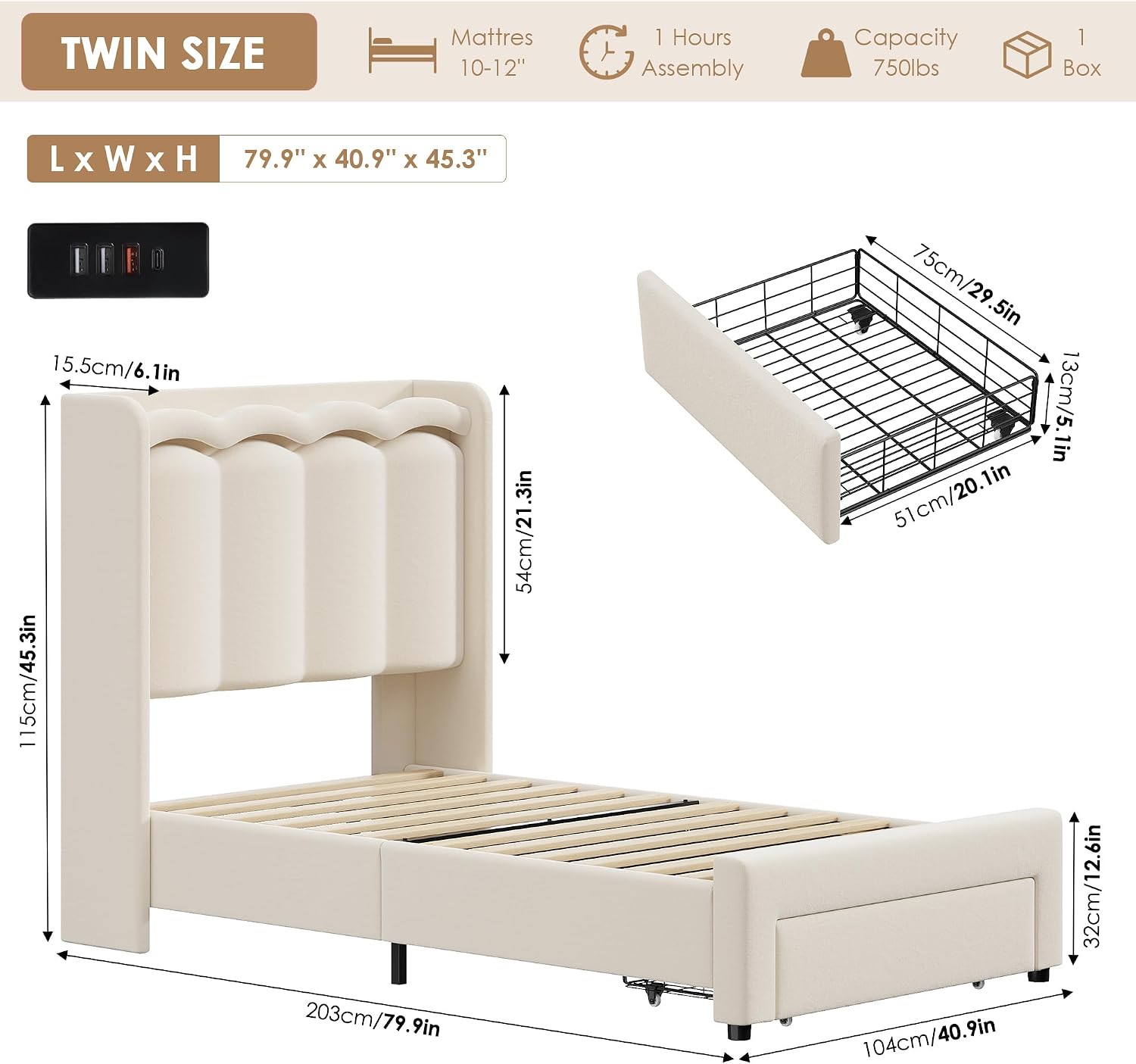 HIFIT 2 Set Upholstered Twin Size LED Bed Frame with Storage Drawer and Charging Station, Velvet Princess Twin Bed for Kids, Girls Bed with Double Wavy Wingback Headboard and Solid Frame, Beige