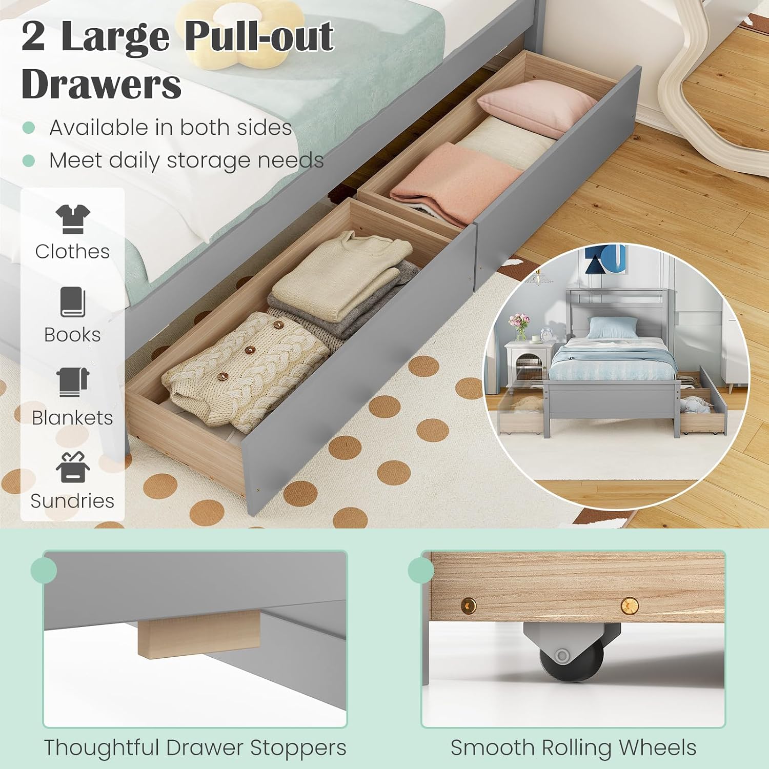 Giantex Wood Twin Bed with 2 Storage Drawers, Solid Wood Platform Bed with Headboard, Single Bed Wooden Slats Support, No Spring Needed, Twin Bed Frame for Kids, Teens, Adults (Grey)