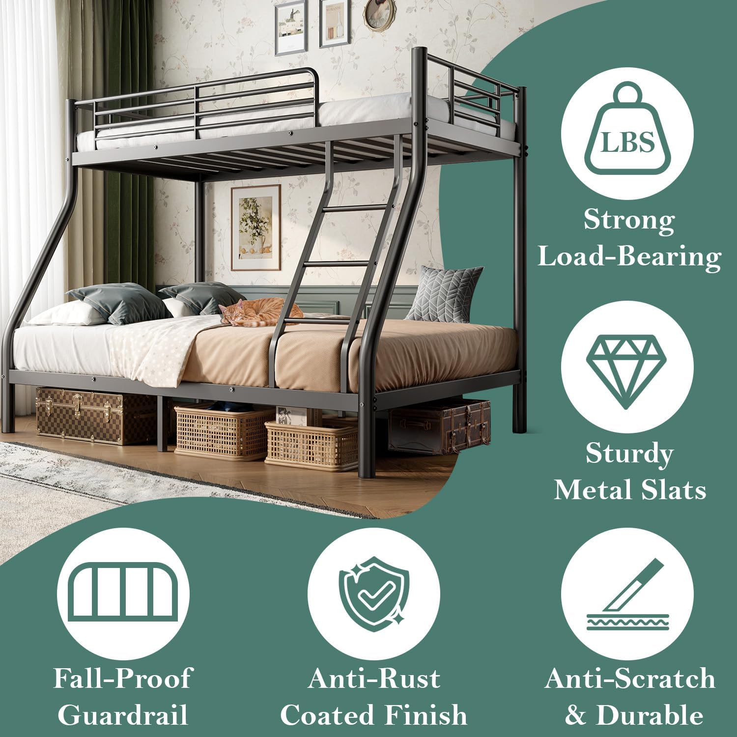 Bunk Beds Twin Over Full Size, Heavy Duty Bunk Beds with Bottom Space & Guardrail Metal Bunk Bed Frame for Adults Dorm Bedroom Guest Room, No Box Spring Needed（Upgrate Black）