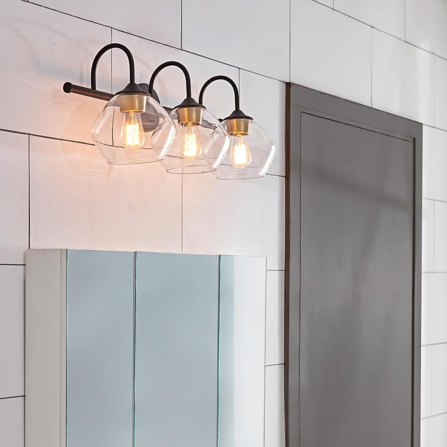 Globe Electric 51853 3-Light Vanity Light, Dark Bronze, Antique Brass Accents, Clear Glass Shade, Beauty Room Accessories, Bathroom Lights Over Mirror, Makeup Mirror Lights, Bulb Not Included