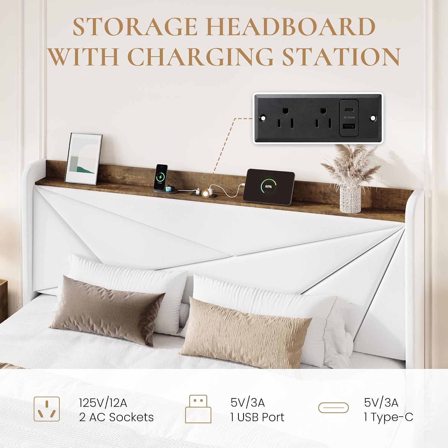 SHA CERLIN King Size Bed Frame with 3 Drawers, USB & Type-C Charging Ports, Velvet Upholstered Platform Bed with Modern Geometric Wingback Storage Headboard, No Box Spring Needed, Easy Assembly, White