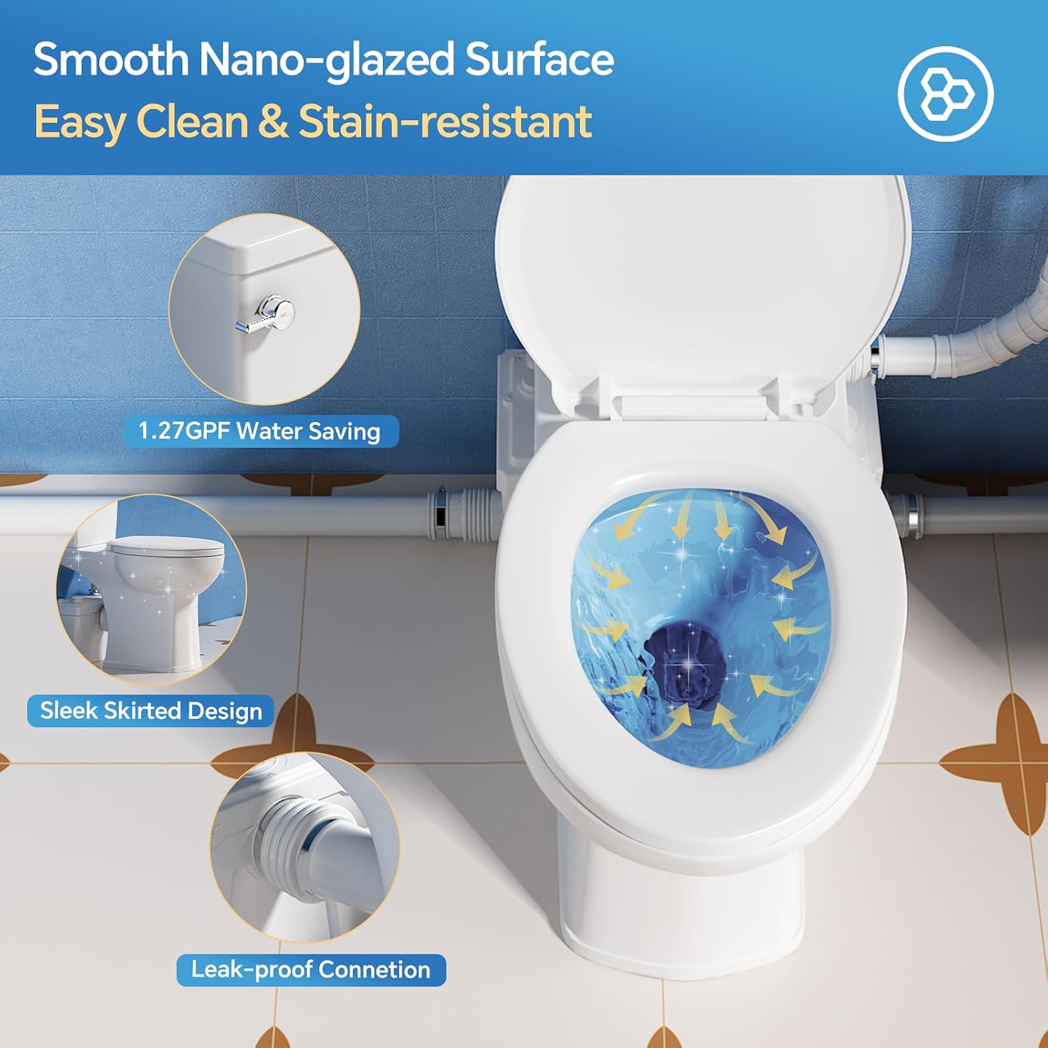 Upflush Macerating Toilet System – 21' ADA Compliant Tall Toilet with Macerator Pump Durable Copper Grinder with 4 Inlets for Basement Kitchen, Shower, Sink & Laundry, Extension Pipe Included