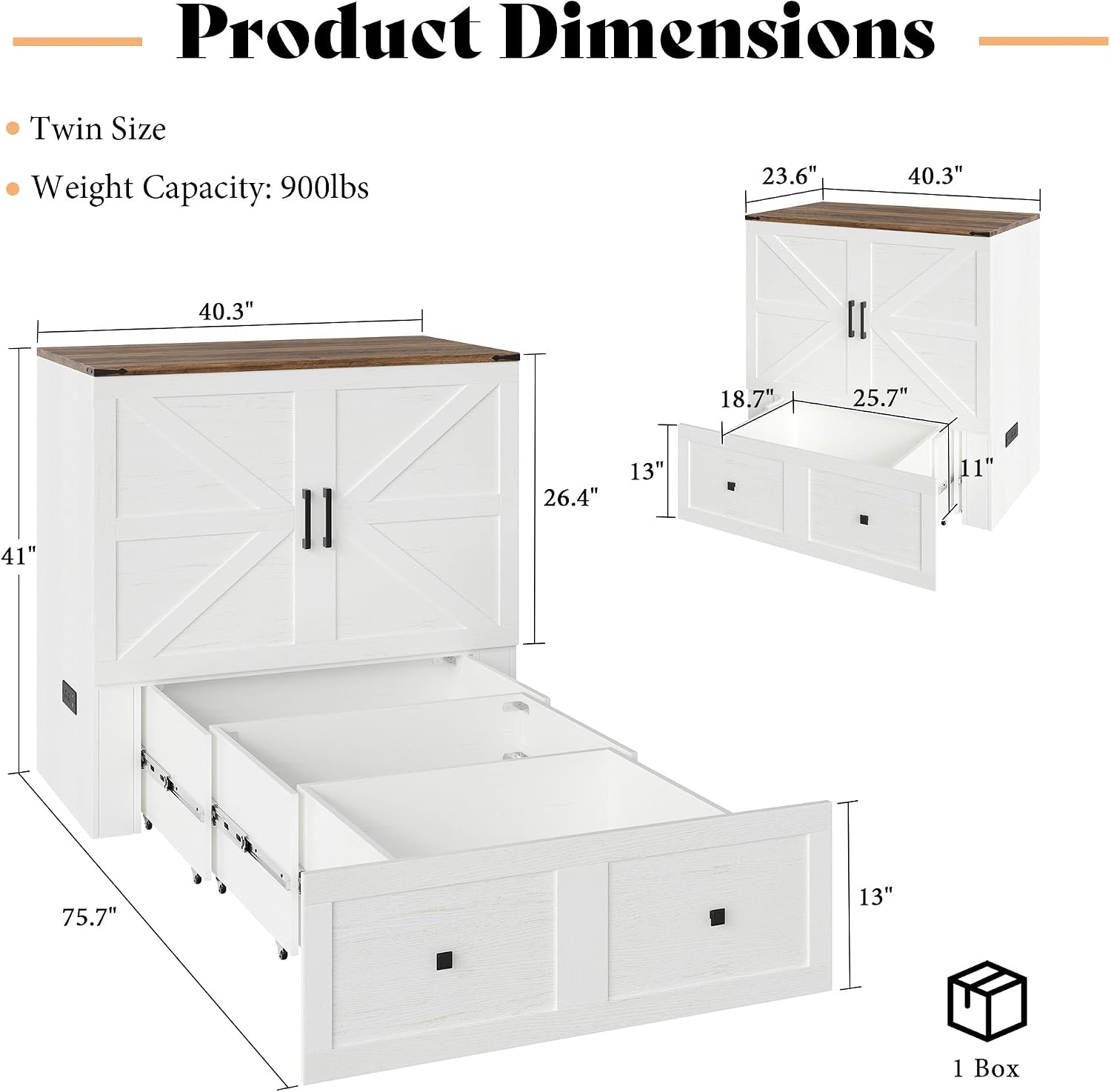 AMERLIFE Twin Murphy Bed Cabinet with Charging Station and Storage Drawer, Farmhouse Foldable Platform Bed for Home Office, Apartment, Small Spaces, Distressed White
