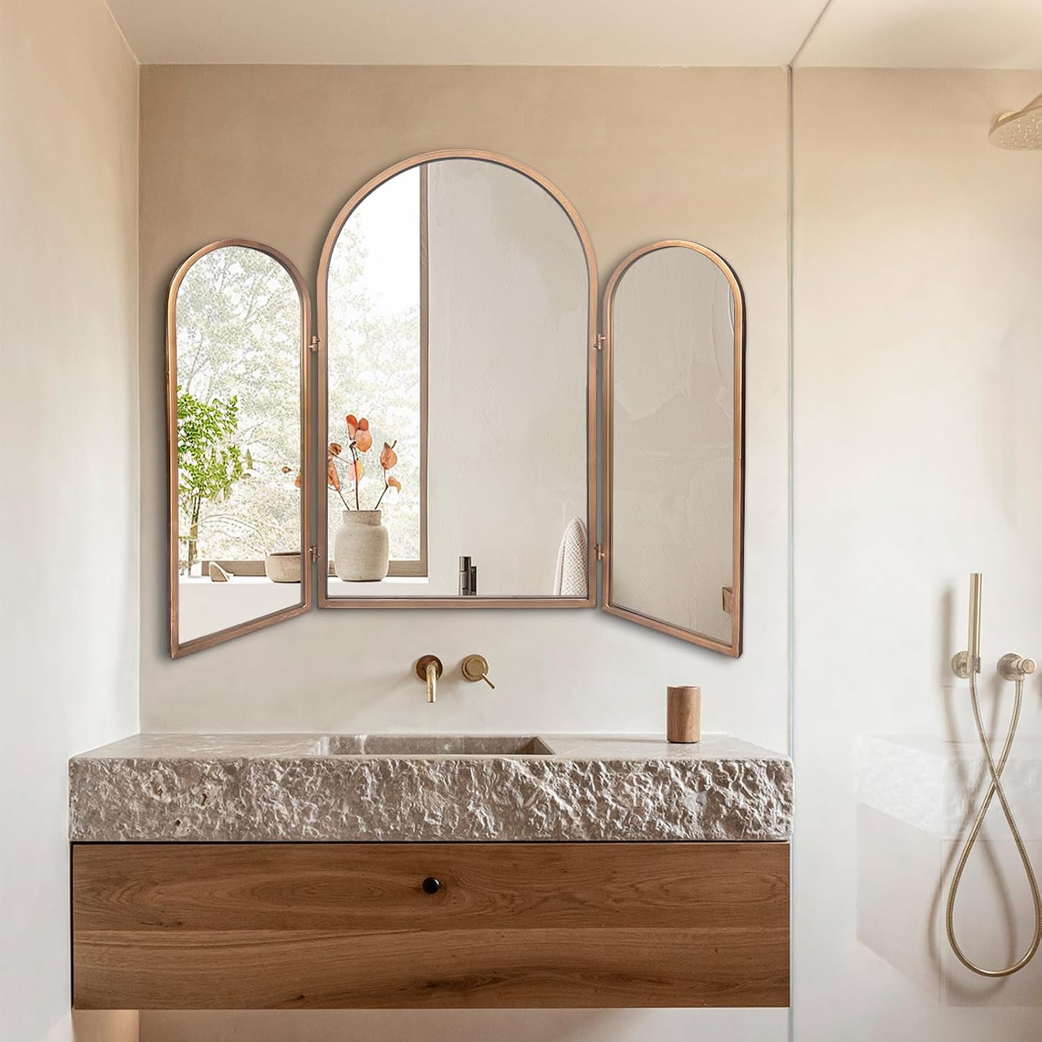 BAODANFU Vintage Gold Trifold Vanity Mirror, 3 Way Mirror for Makeup Room, Dressing Room, Bedroom, Bathroom
