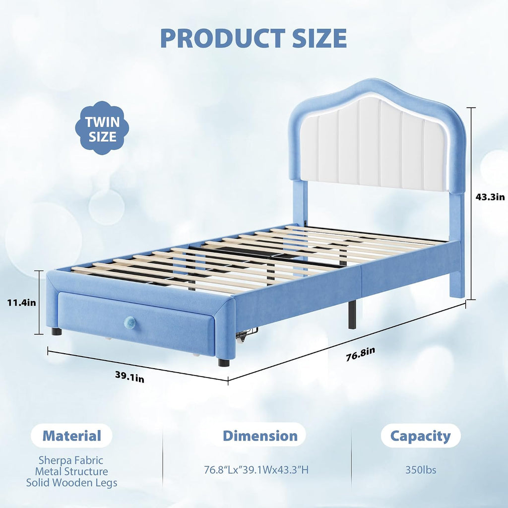 GarveeHome Upholstered Twin Bed Frame with Led Lights and Storage Drawer, Cute Velvet Led Bed Frame with Headboard for Kids, Girls, Boys, No Box Spring Needed, Wooden Slats, Noise Free, Blue