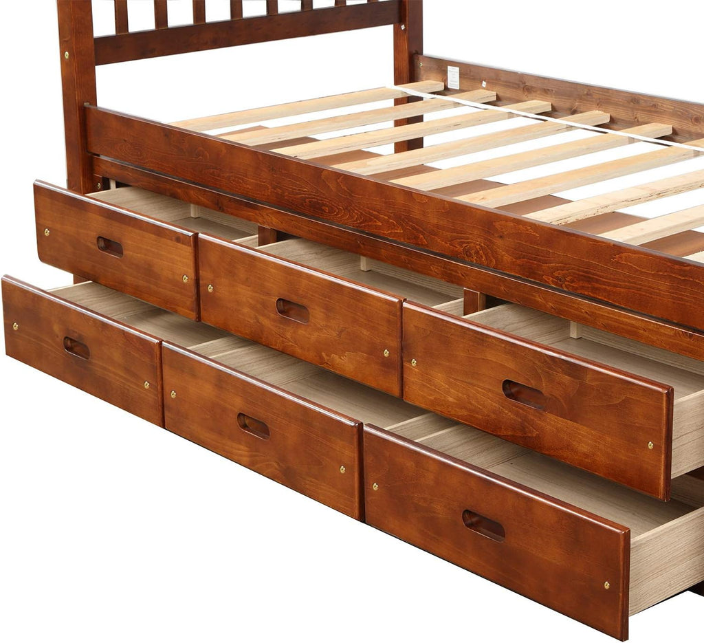 SOFTSEA Twin Captains Bed with 6 Drawers, Wood Storage Bed Frame with Headboard and Footboard for Bedroom, Twin Size Platform Bed for Kids, No Box Spring Needed (Walnut)
