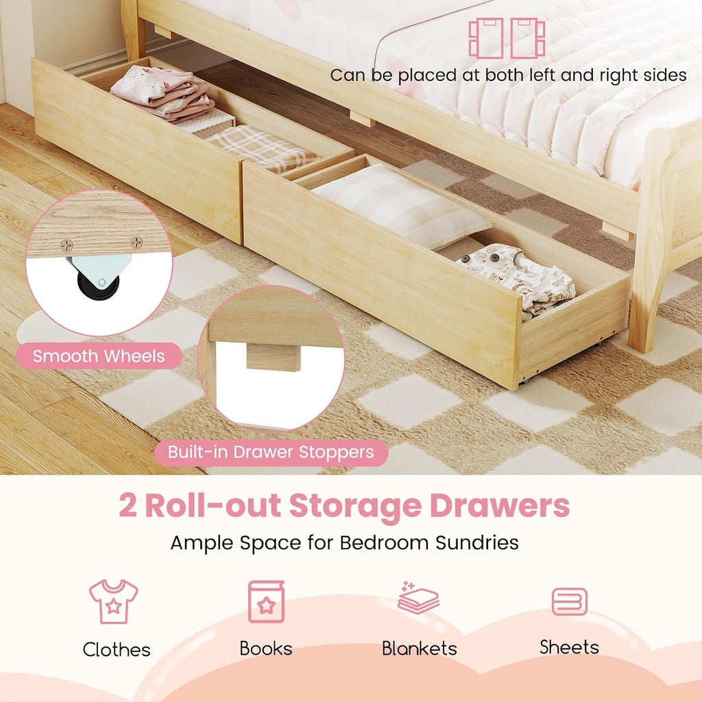KOMFOTT Twin Bed with 2 Drawers, Twin Storage Bed with Headboard & Footboard, Sleigh Wood Bed Frame with Wooden Slats Support for Kids, Teens, Adults, No Box Spring Needed (Natural)