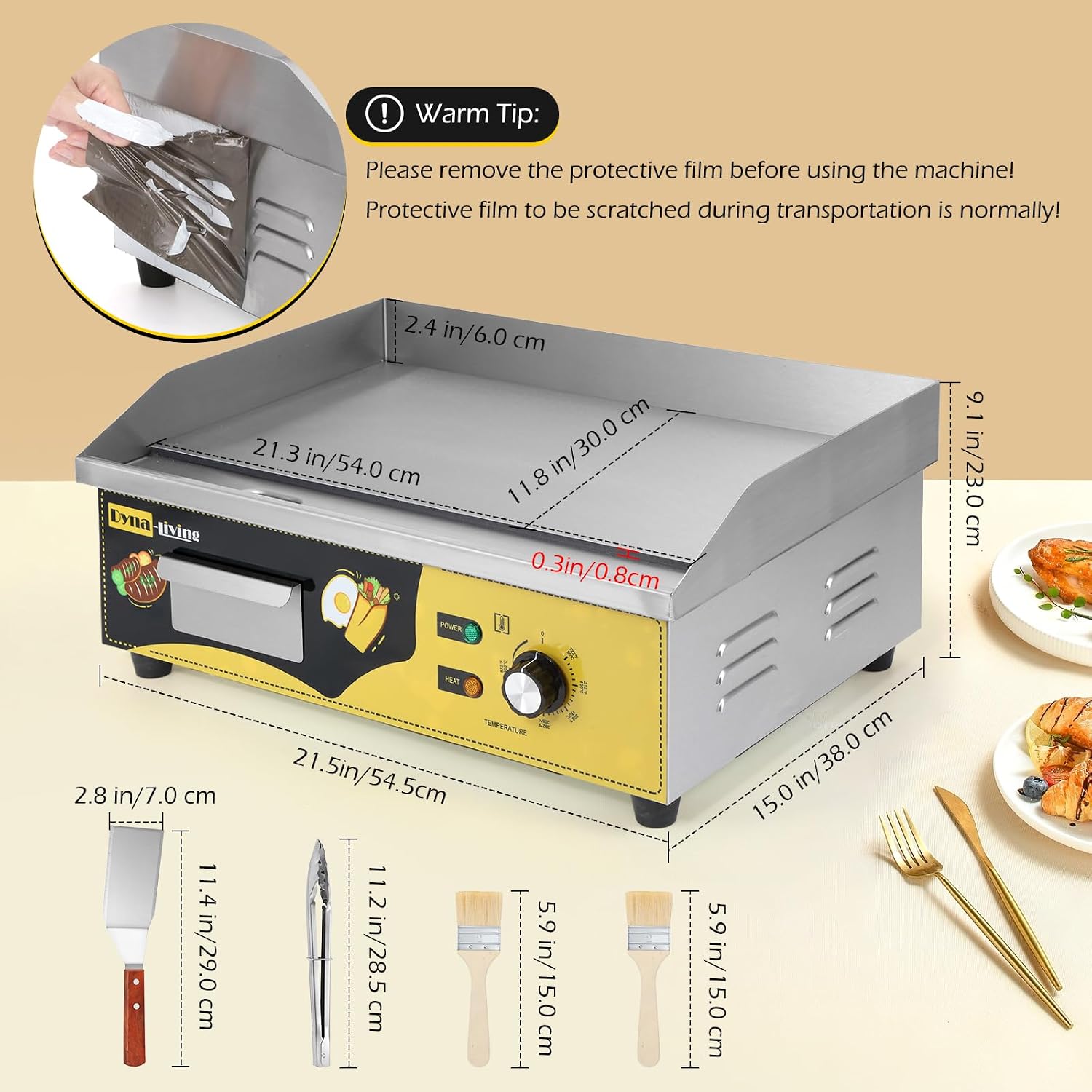 Dyna-Living Single Head Commercial Waffle Maker 1200W & 22'' Stainless Steel Countertop Griddle 3000W 110V Flat top Grill Electric for Home Kitchen