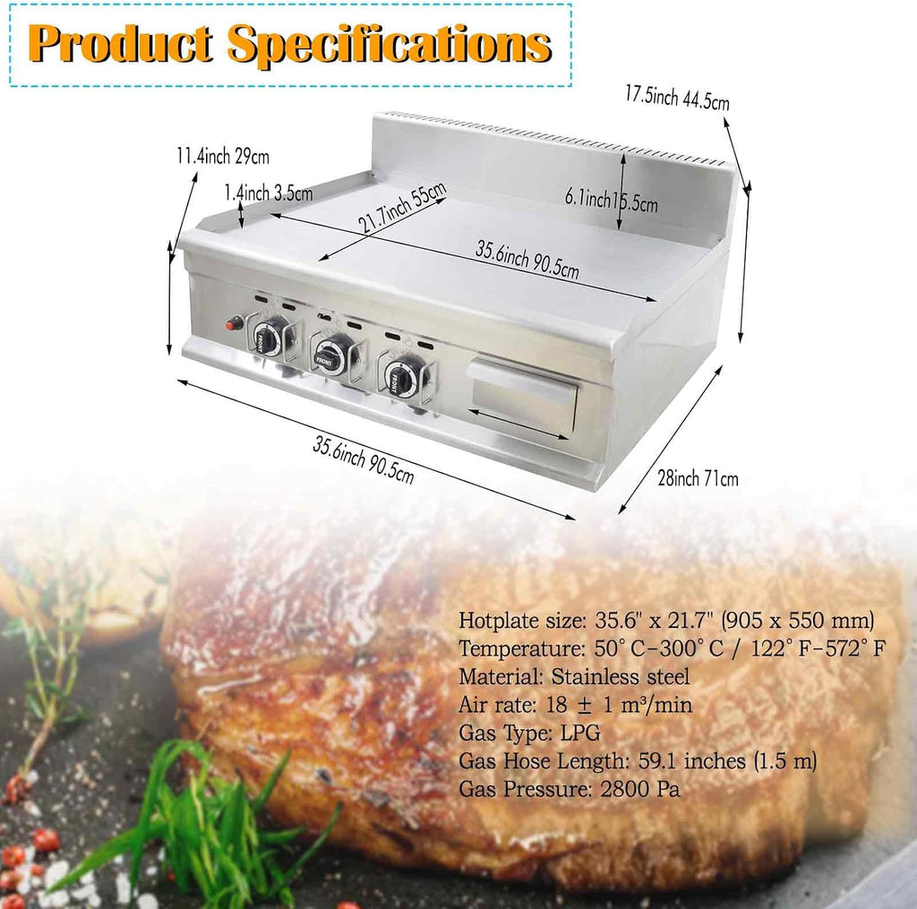 Commercial Stainless Steel LPG Gas Griddle Grill, 35.6' x 21.7' Flat Top Countertop Griddle for Steak, Pancakes & Teppanyaki, 2800Pa, Home & Outdoor Use