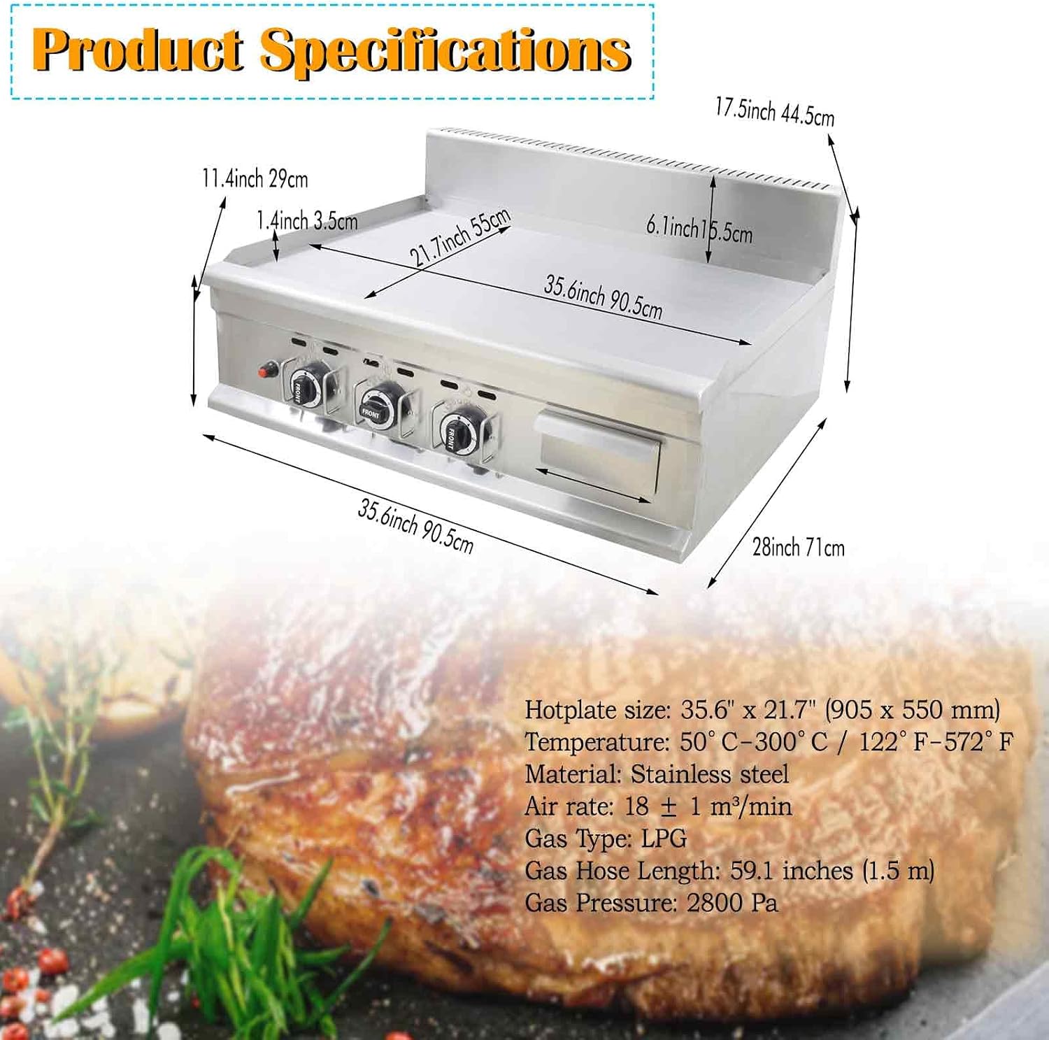Commercial Stainless Steel LPG Gas Griddle Grill, 35.6' x 21.7' Flat Top Countertop Griddle for Steak, Pancakes & Teppanyaki, 2800Pa, Home & Outdoor Use