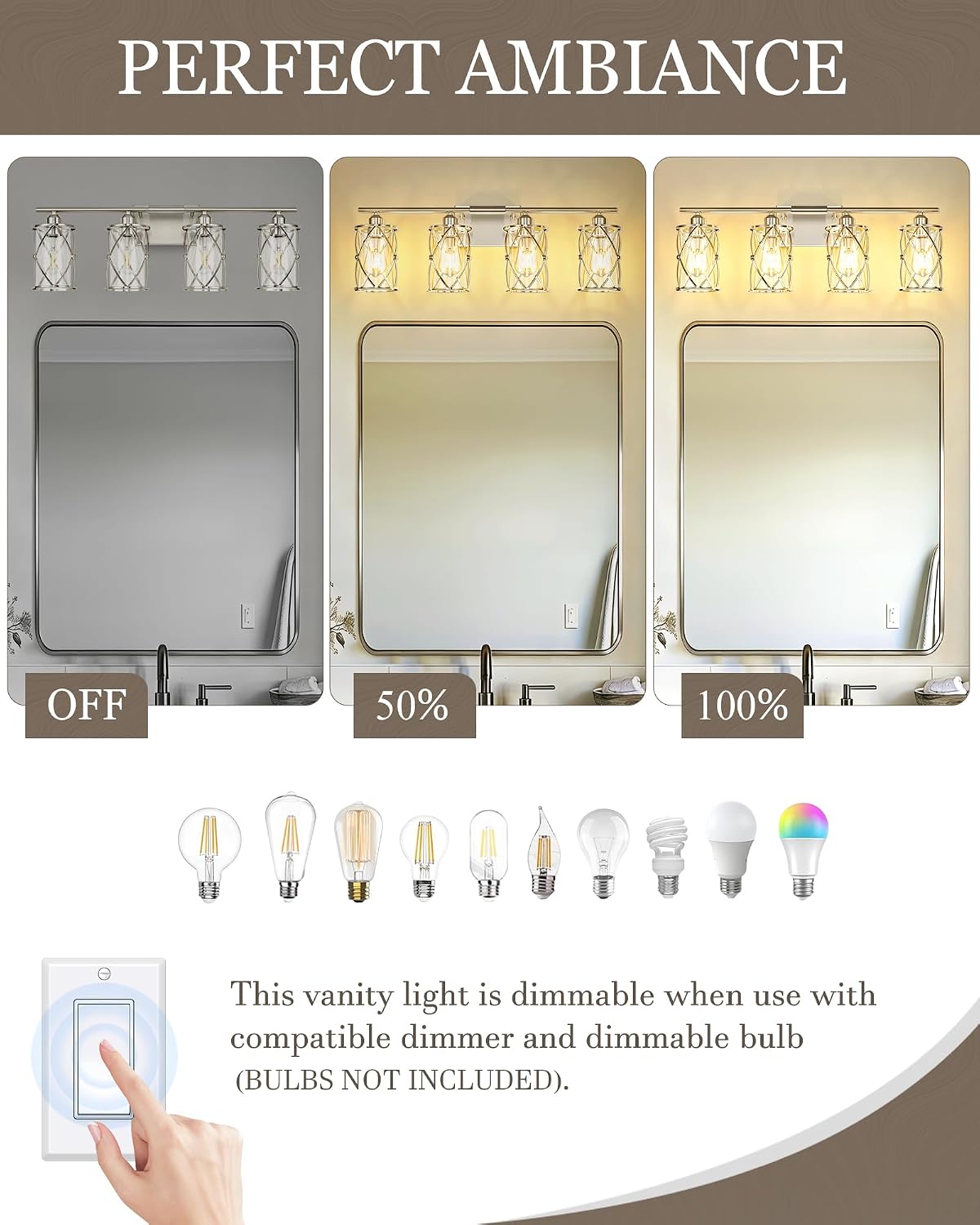 4-Light Brushed Nickel Bathroom Light Fixtures, 29 Inch Modern Bathroom Vanity Lighting Fixtures Over Mirror with Clear Glass and Metal Cage Wall Sconce Lights for Bath, E26, CH9176BN-4W