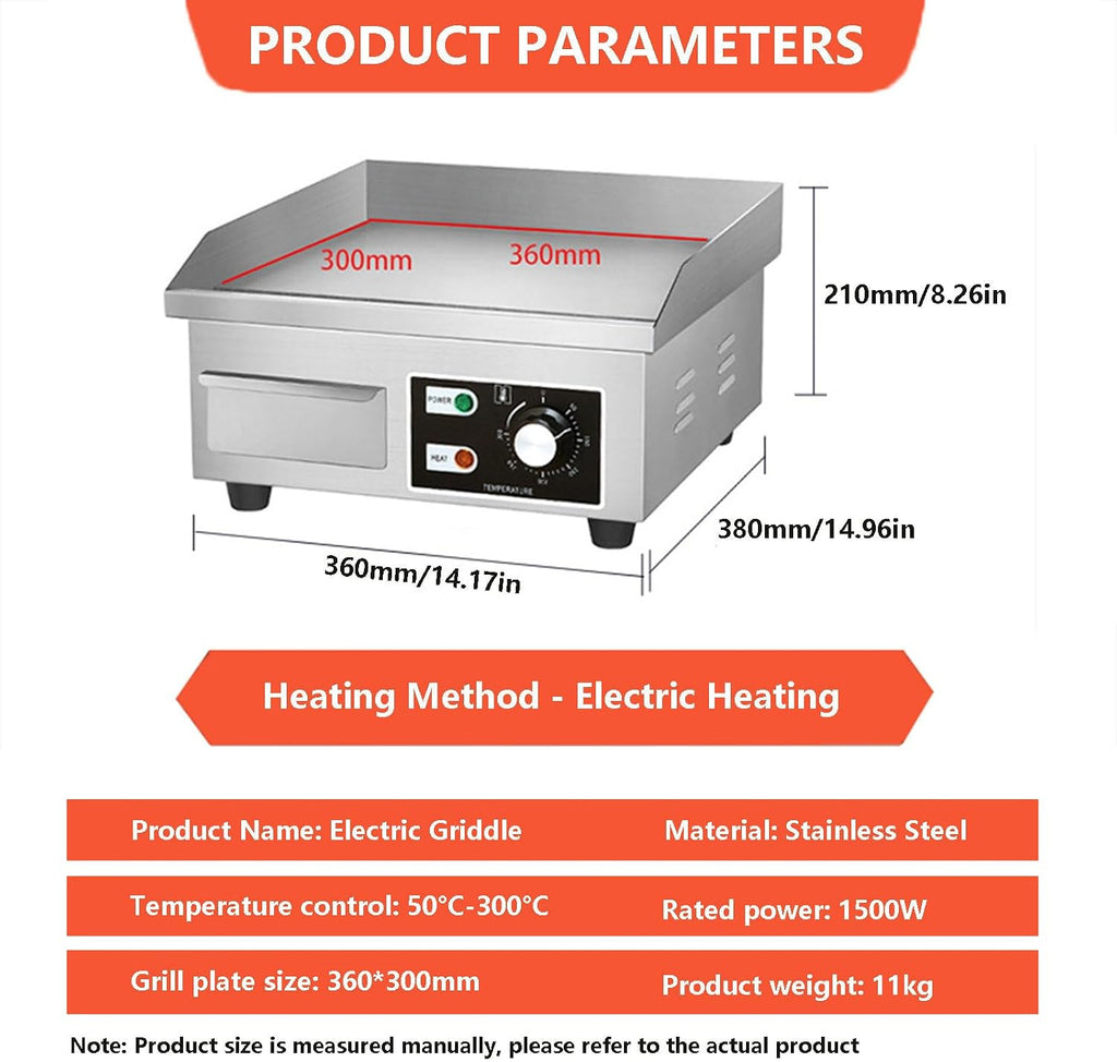 Electric Flat Top Grill Commercial Griddle 50°C-300°C, Stainless Steel Steak Bacon Fryer for Outdoor Camping, with Raised Baffle & Oil Storage Box & Radiating H，1500W