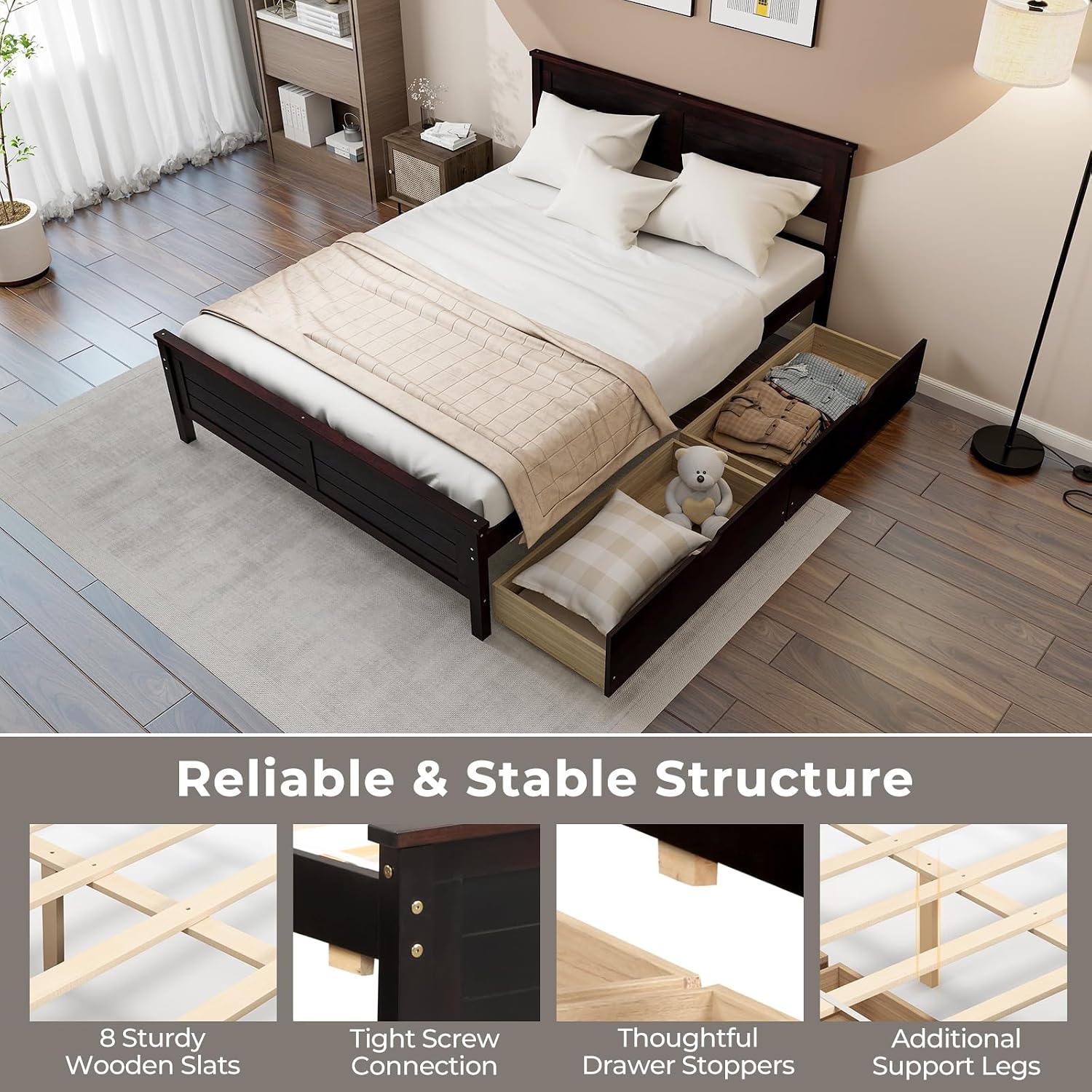 Giantex Wood Full Size Bed Frame with 2 Storage Drawers, Solid Wood Platform Bed with Headboard, Wooden Slats Mattress Foundation, No Spring Needed, Full Bed Frame for Kids, Teens, Adults, Espresso