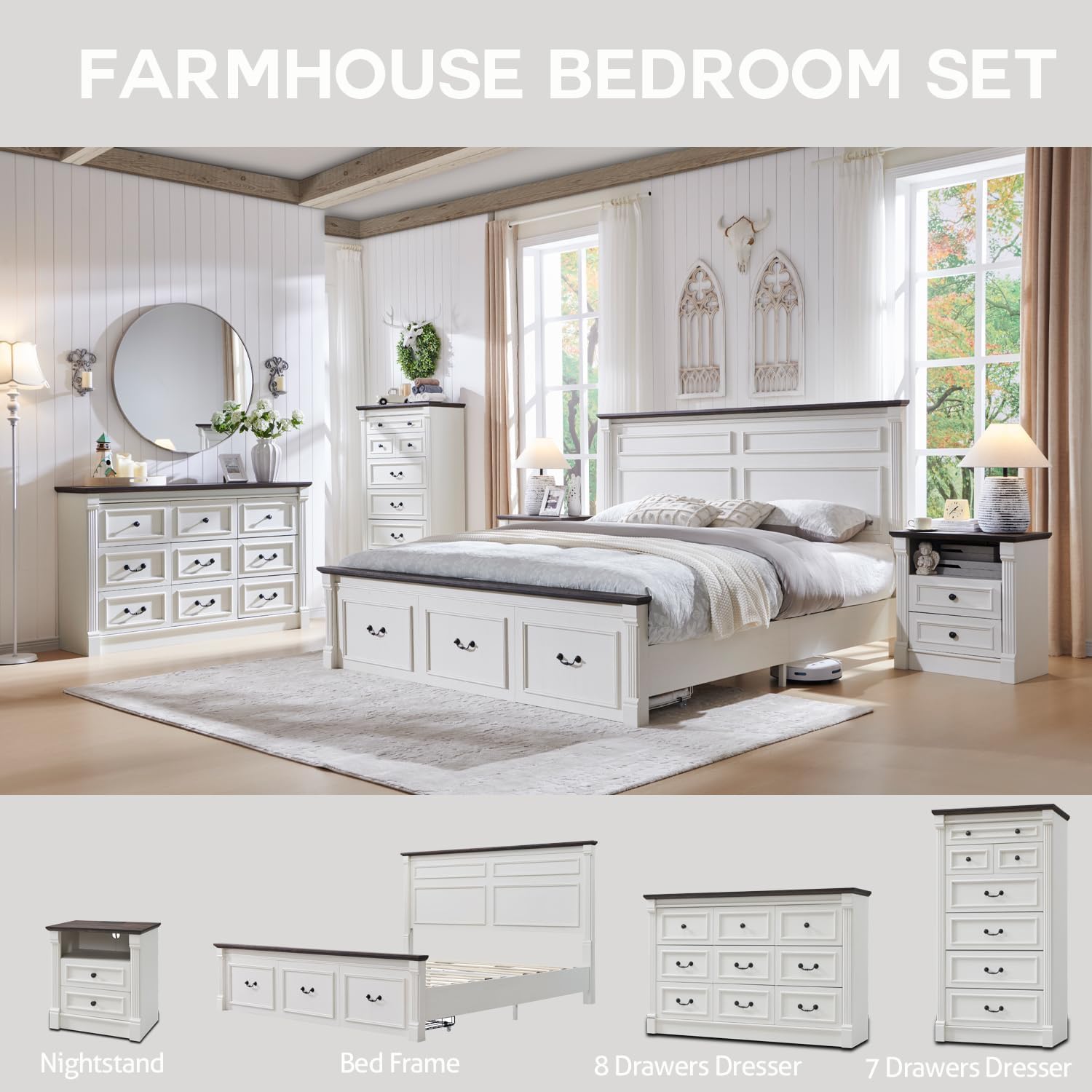 Aitjunz Farmhouse King Size Bed Frame with 51' Tall Headboard, Wood Platform Bed Frame with 20' Tall Roman Column Decoration Footboard & 3 Large Storage Drawers, No Box Spring Needed (White)