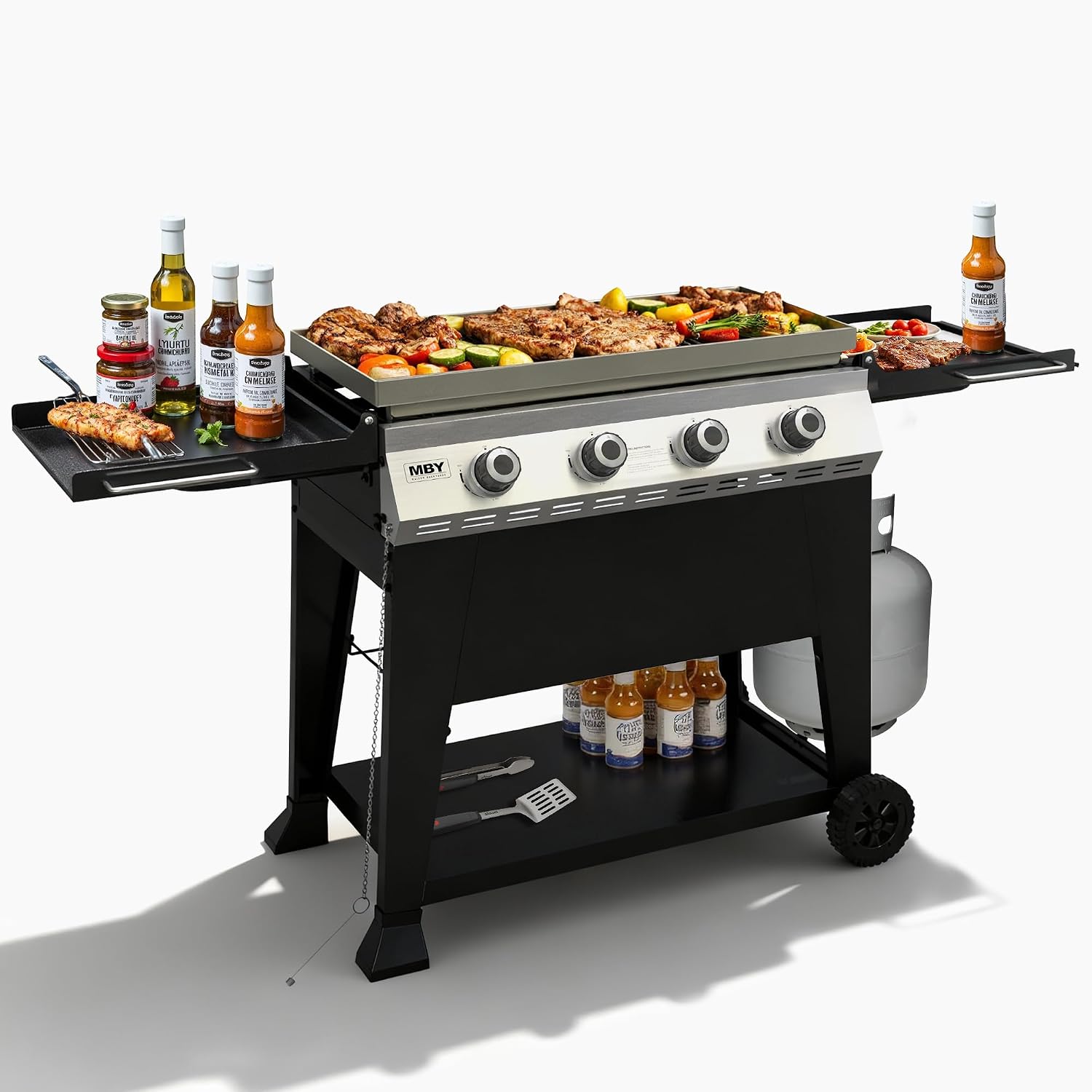3-Burner Propane Grill, 34,000 BTU Outdoor Flat Top Propane Gas Griddle Grill with 540 Sq In Cooking Area, Rolling Wheels, Folding Side Shelves & Cover for Camping, Backyard BBQ (4 Burner)