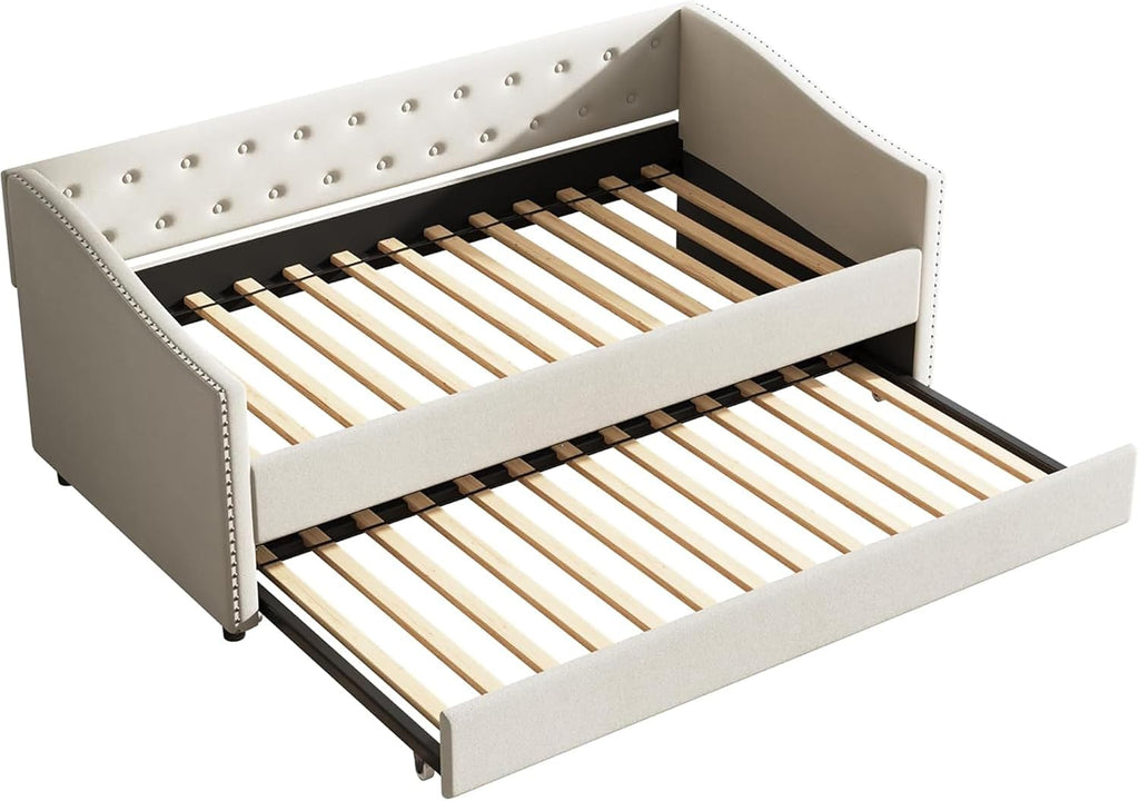 Upholstered Daybed with Trundle, Twin Size Day Bed w/Button-Tufted Back and Piping on Waved-Shape Arms for Bedroom or Guest Room, No Box Spring Required,Beige