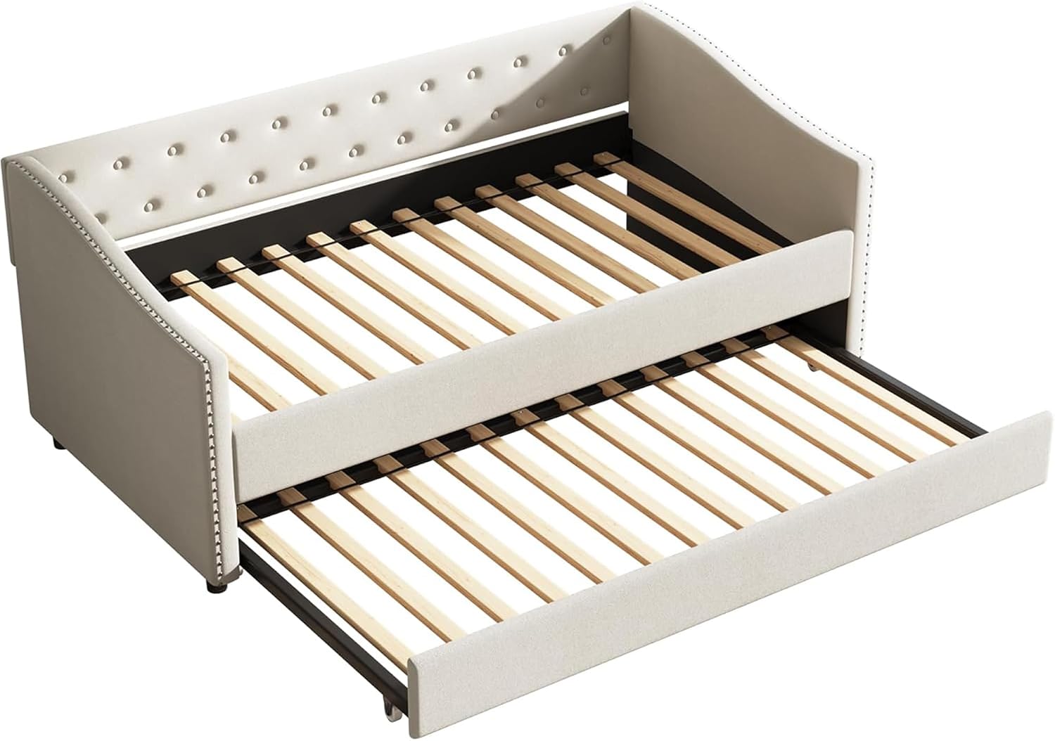 Upholstered Daybed with Trundle, Twin Size Day Bed w/Button-Tufted Back and Piping on Waved-Shape Arms for Bedroom or Guest Room, No Box Spring Required,Beige