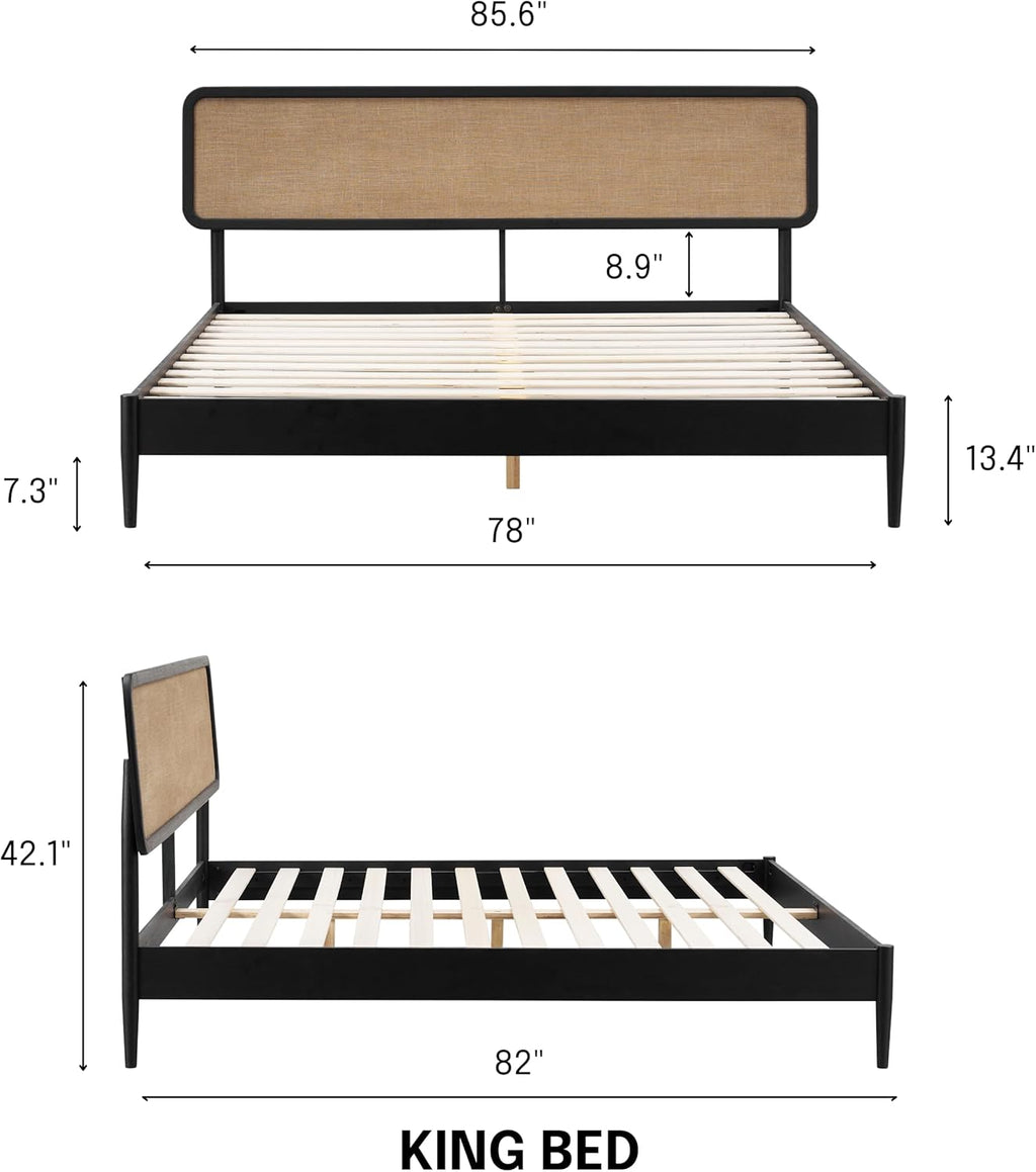 NTC Lupin Wooden Bed Frame with Headboard, Solid Oak and Rubber Wood Foundation with Silent Slats and Wood Central Supports, 1000 Lb Capacity, Effortless Assembly, King - Burnt Black