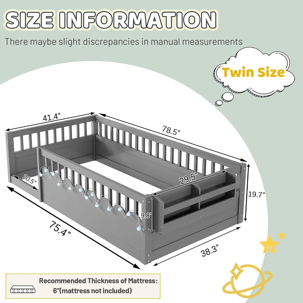 Montessori Floor Bed with High Rails,Twin Size Floor Bed Frame for Kids, LED Lights & Storage Shelf, Safe & Wider Opening Gate Design, Playground & Sleep Space for Girls Boys,Grey