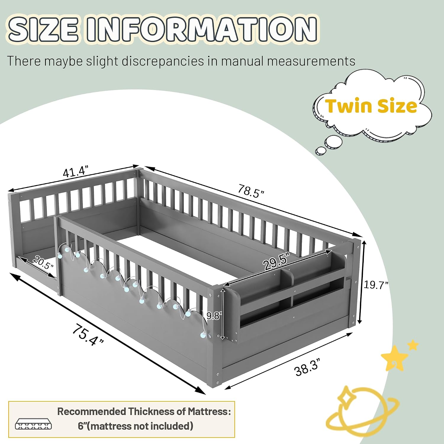 Montessori Floor Bed with High Rails,Twin Size Floor Bed Frame for Kids, LED Lights & Storage Shelf, Safe & Wider Opening Gate Design, Playground & Sleep Space for Girls Boys,Grey