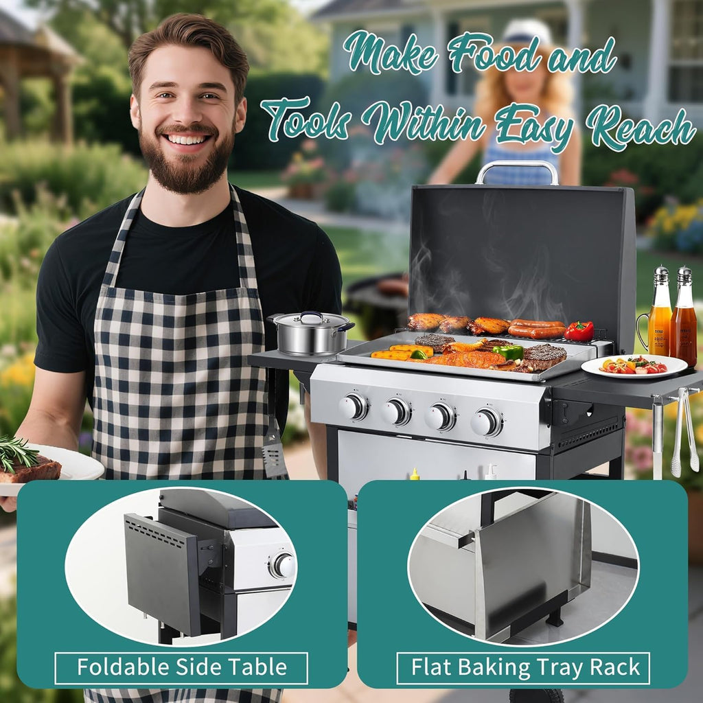 4-Burner Propane Gas Grill Griddle Combo – 40,000 BTU BBQ Grill with Lid, Stainless Steel Plancha & Cast Iron Cooking Grids, Foldable Side Tables – Outdoor Backyard