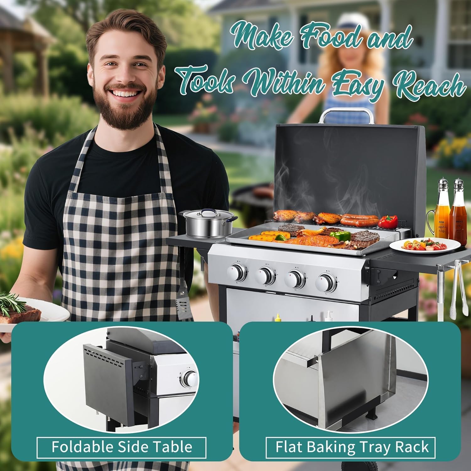 4-Burner Propane Gas Grill Griddle Combo – 40,000 BTU BBQ Grill with Lid, Stainless Steel Plancha & Cast Iron Cooking Grids, Foldable Side Tables – Outdoor Backyard
